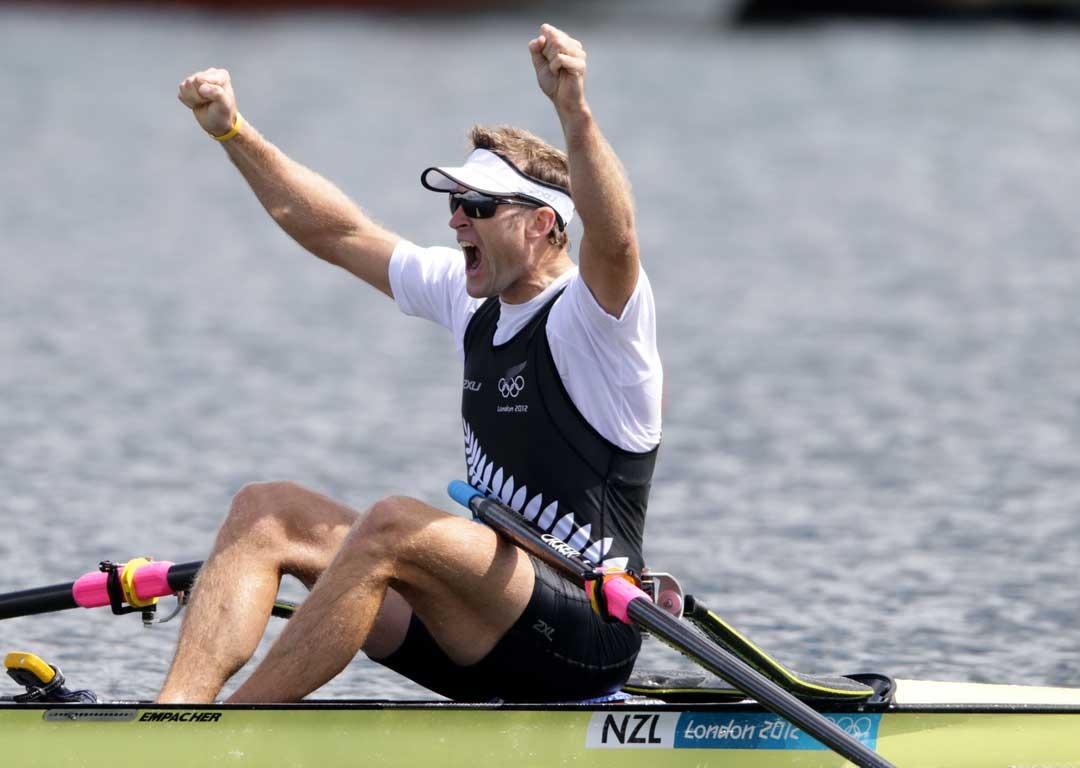 Mahe Drysdale celebrates gold at the 2012 Olympics. Photo / Brett Phibbs