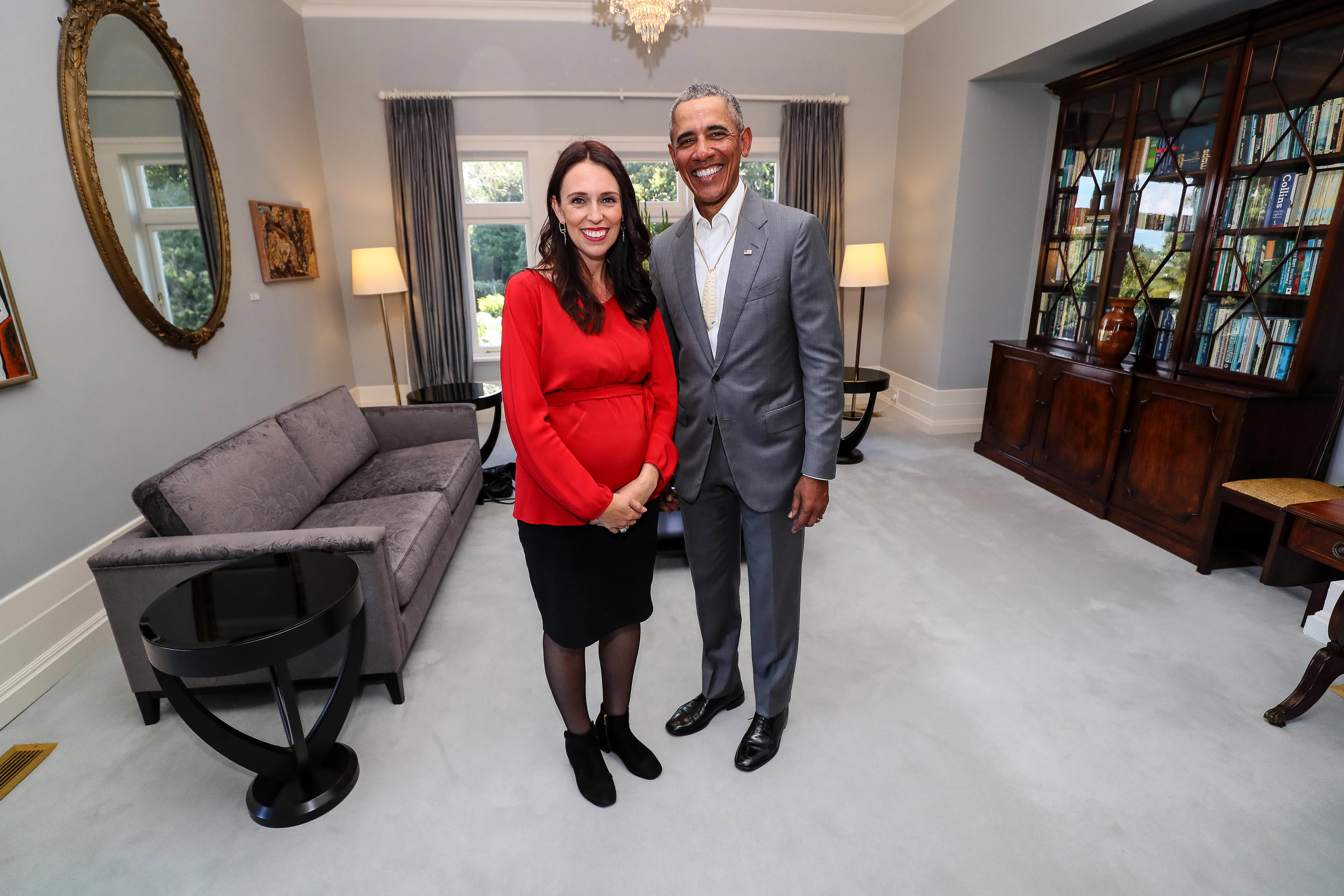 In 2018, Prime Minister Jacinda Ardern met former US President Barack Obama at Government House in Auckland where artworks from the James Wallace Arts Trust Collection hung on the walls in the background. Photo / File