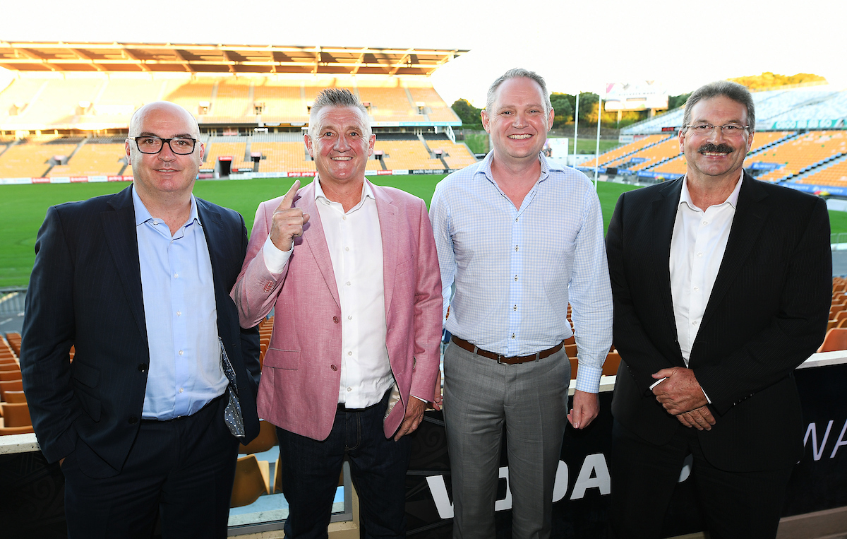 (L-R): Warriors CEO Cameron George with Autex Industries CEO Mark Robinson, managing director Rob Croot and Carlaw Heritage Trust's Cameron McGregor. Photo / Photosport