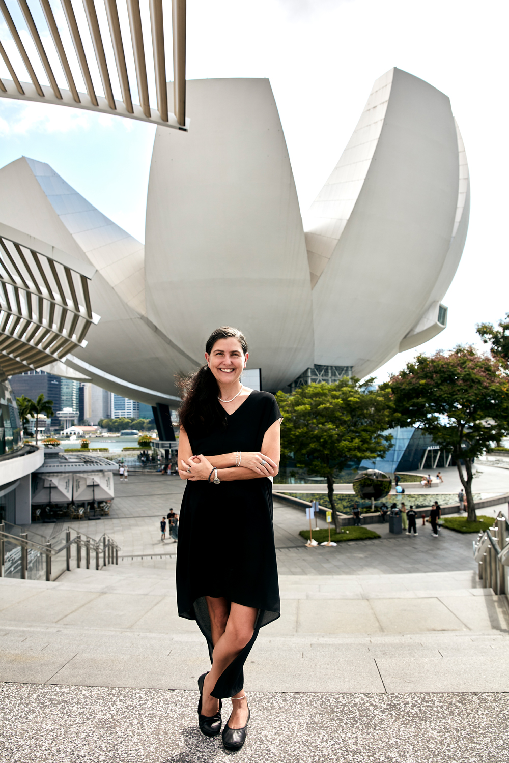 Honor Harger in front of the eye-catching ArtScience Museum. Photo / Babiche Martens
