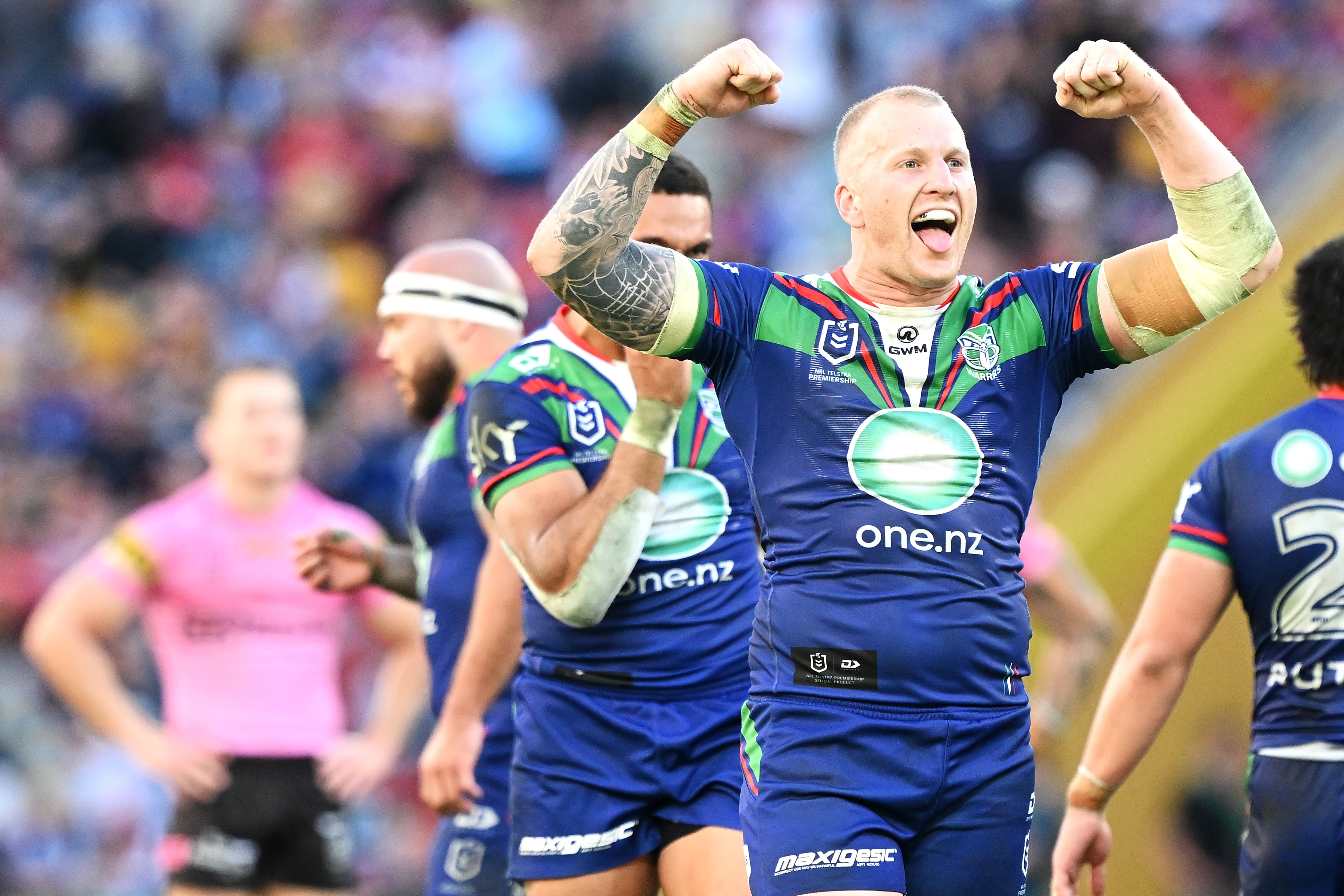 Mitch Barnett celebrates the New Zealand Warriors' win over the Penrith Panthers in 2024. Photo / Getty Images