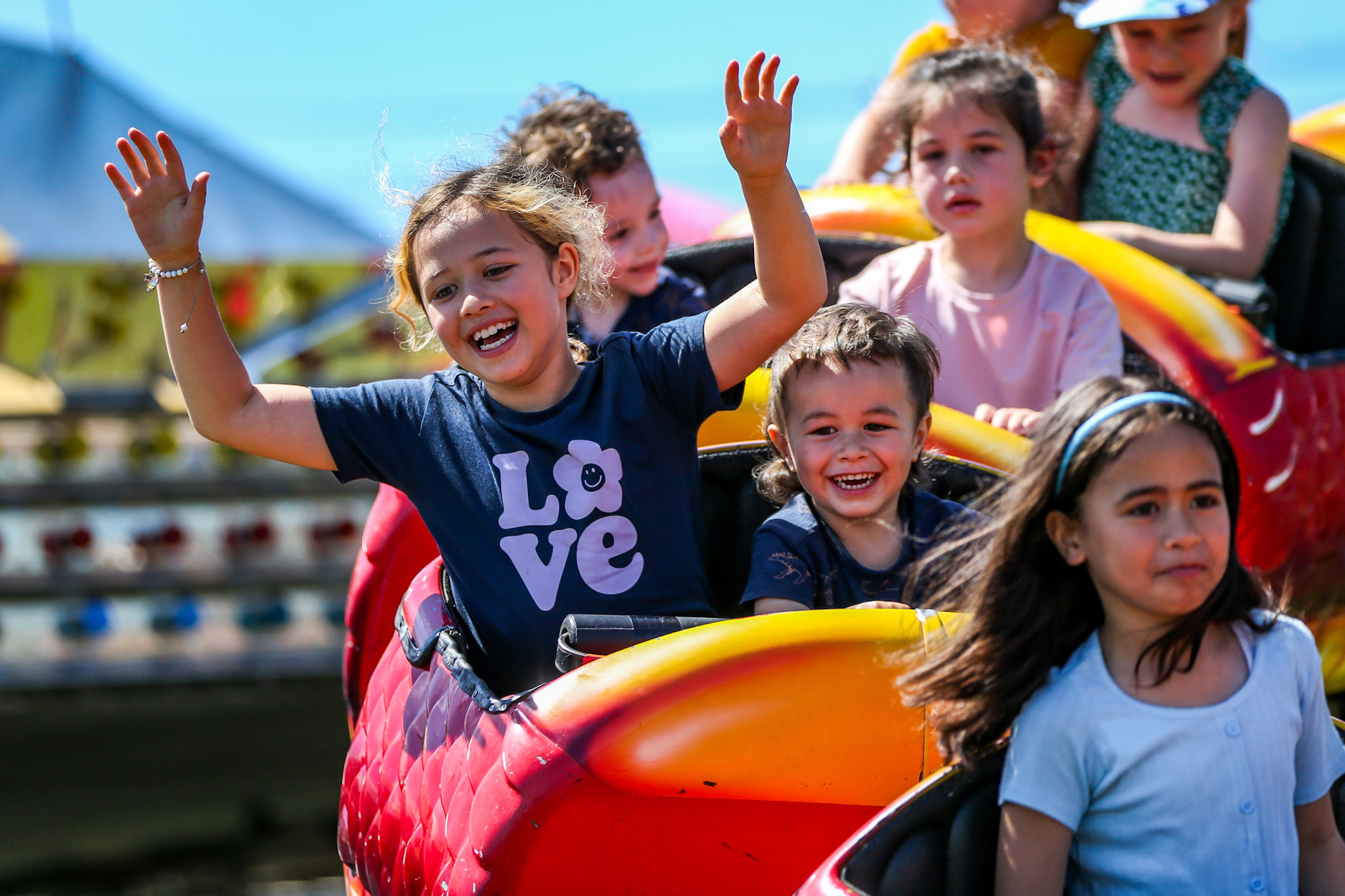 Avery Watson, 8, from Hastings, enjoys the dragon wagon ride at the show. Photo / Paul Taylor