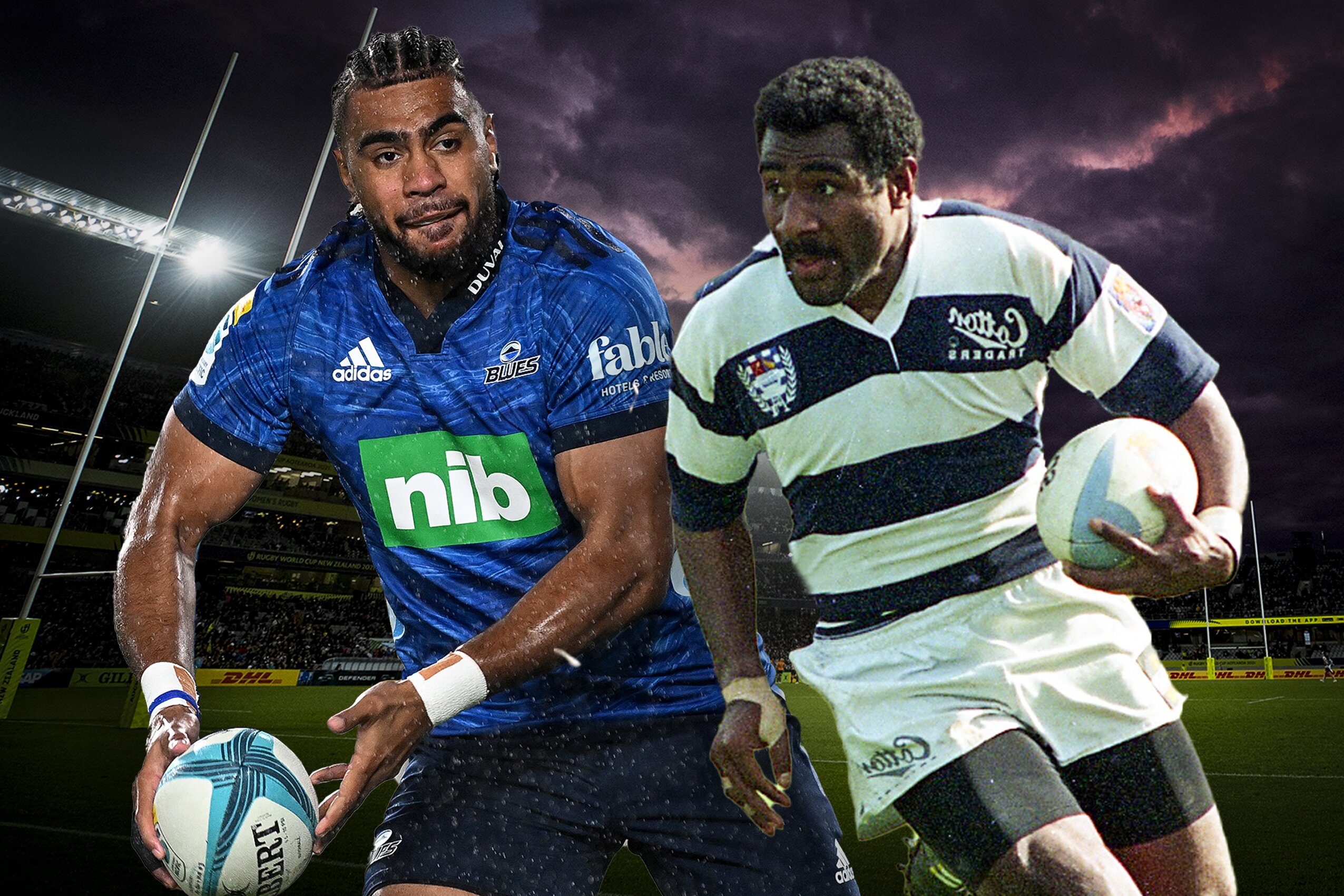 Hoskins Sotutu in action for the Blues in 2024 (left) and his father Waisake Sotutu playing for Auckland in 1994. Composite Photo / NZME, Photosport