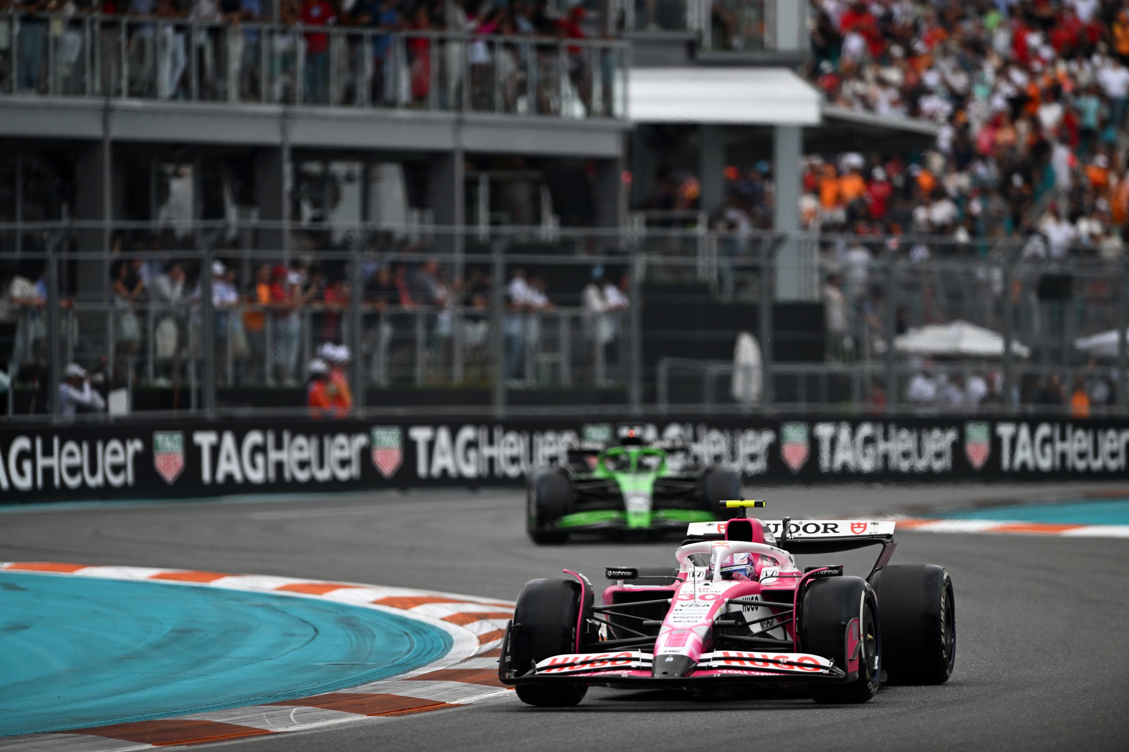 Liam Lawson ahead of Sauber's Nico Hulkenberg at the Miami Grand Prix. Photo / Red Bull