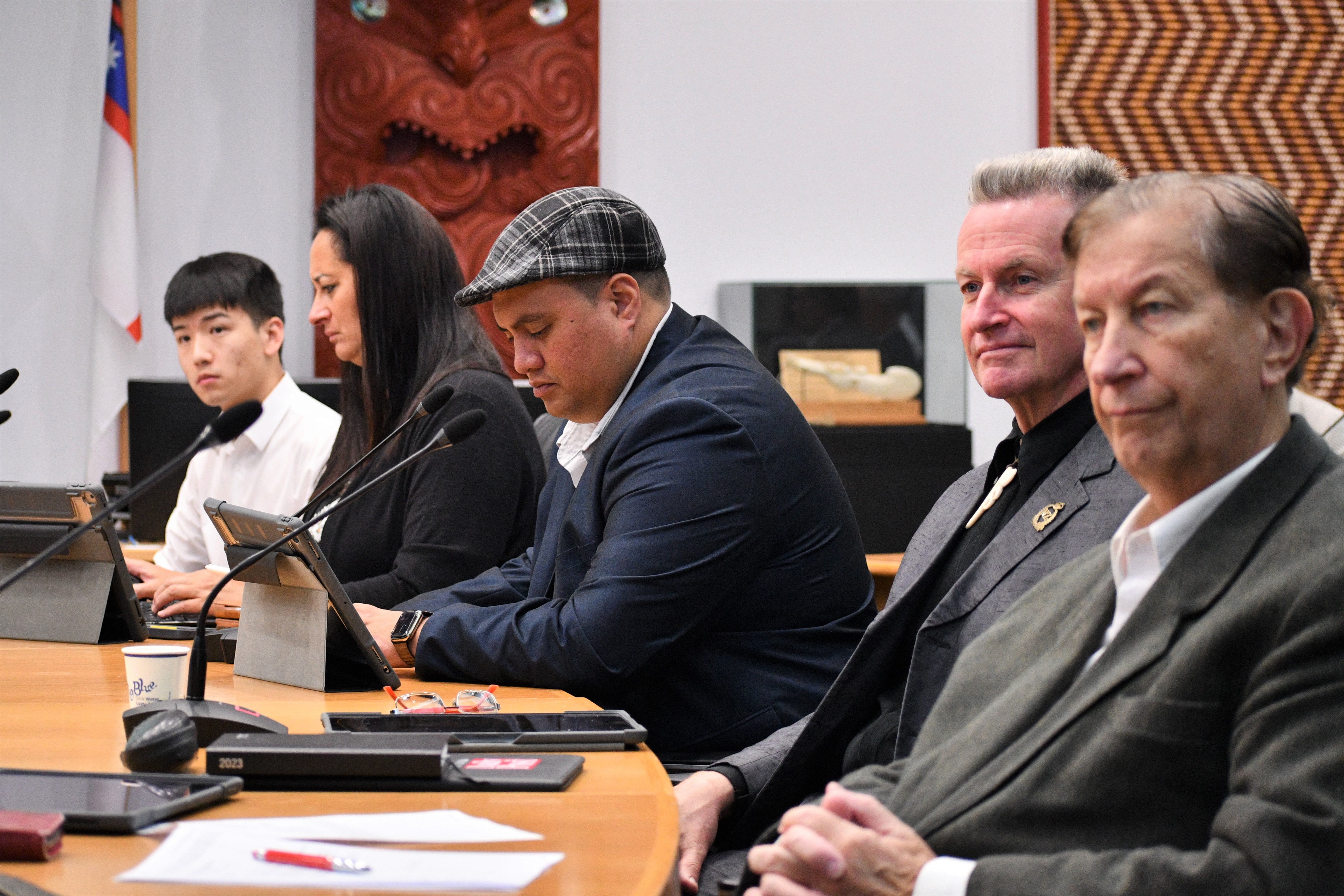 Rotorua councillors Fisher Wang, Lani Kereopa, Rawiri Waru, Don Paterson and Trevor Maxwell. Photo / Laura Smith