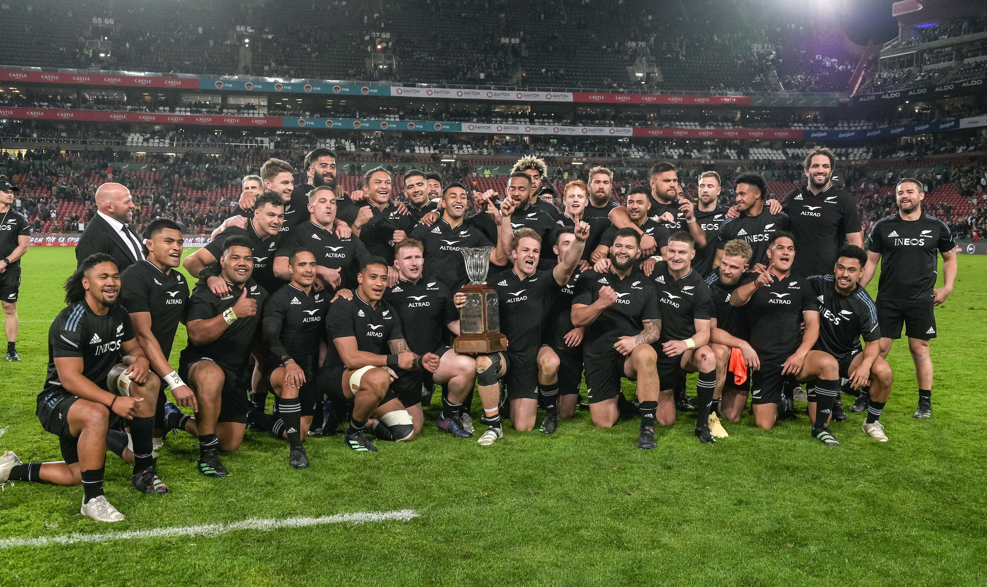 Sam Cane(C) of New Zealand lifting the cup after winning the match during the South Africa Springboks v New Zealand All Blacks rugby union test match. Photo / Photosport.co.nz