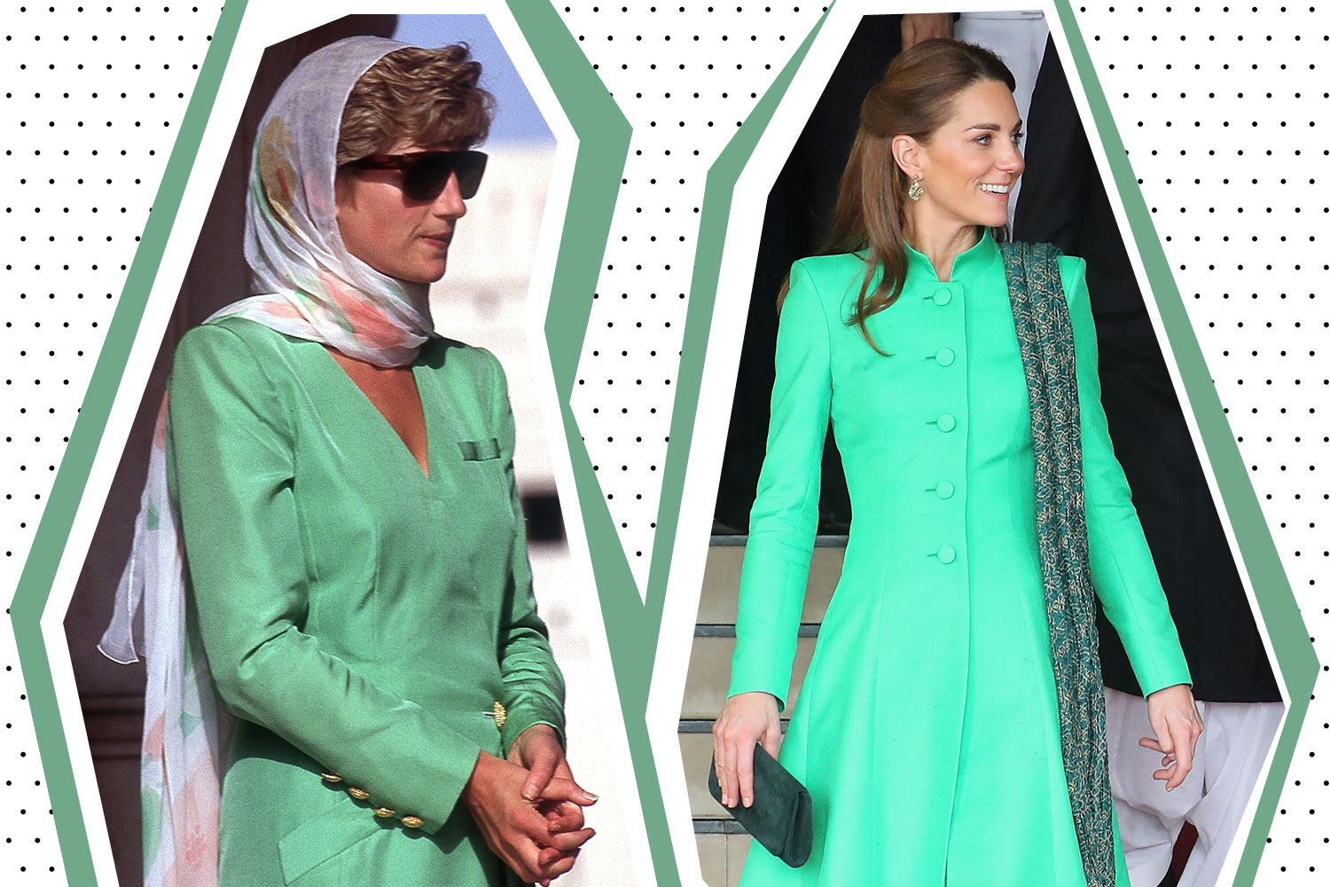 The Princess of Wales in Lahore, 1991 and The Duchess of Cambridge in Islamabad, 2019. Both wear Catherine Walker. Photos / Getty Images
