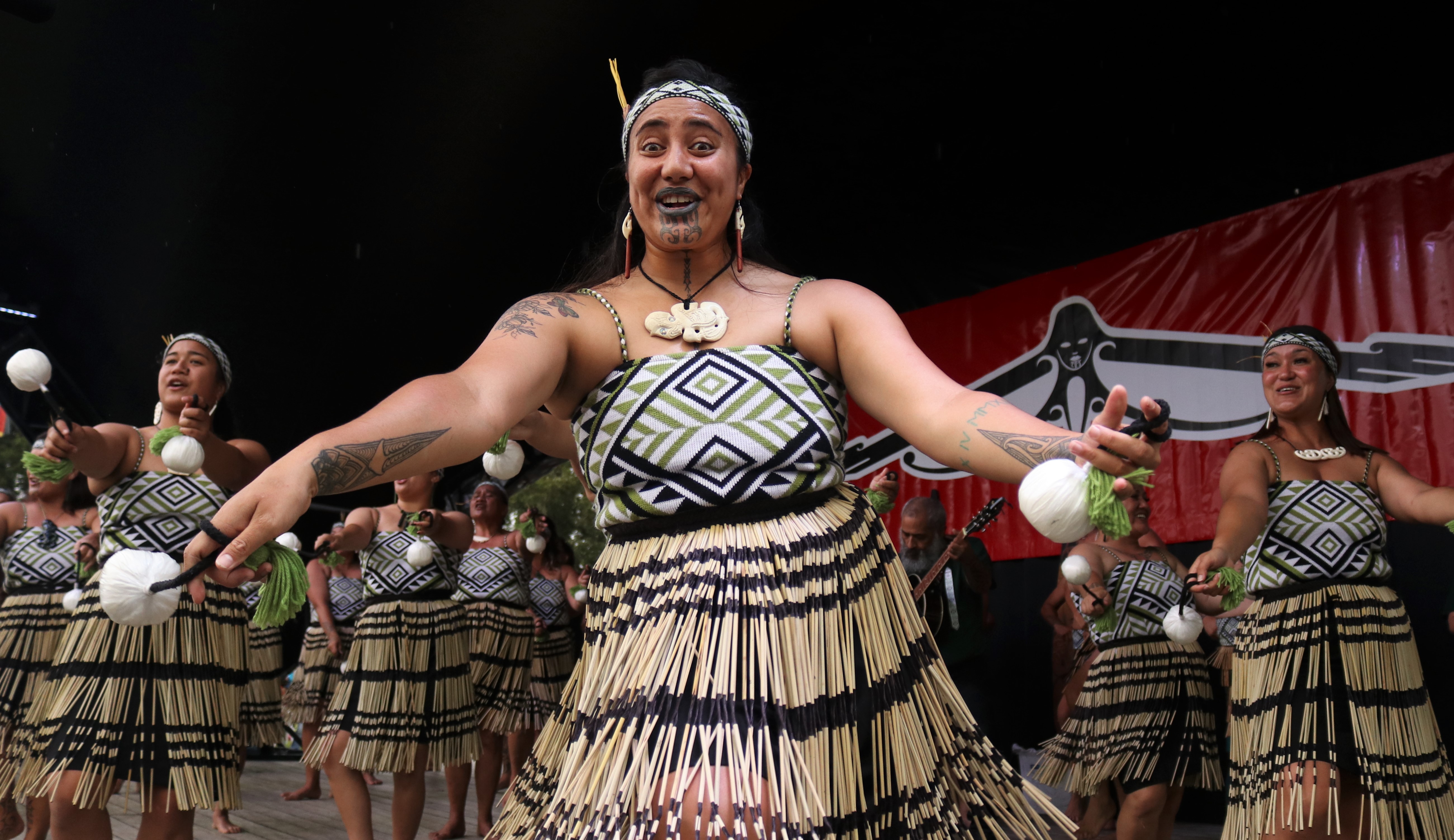 Te Wairere Waiomio, of kapa haka group Waerenga Te Kaha, performs a poi song. Photo / Peter de Graaf