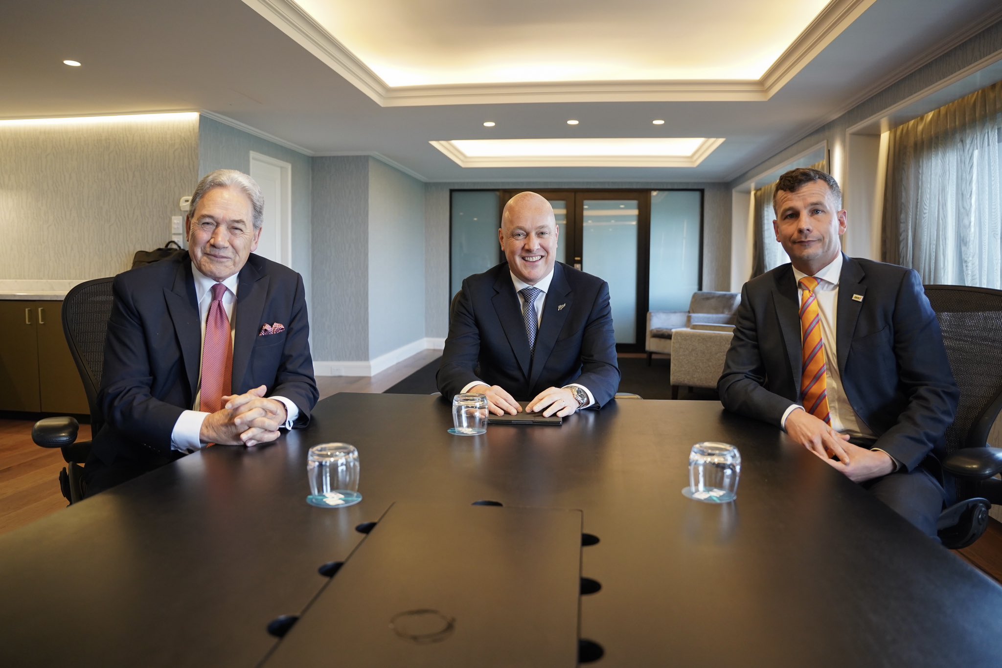 NZ First leader Winston Peters, National's Christopher Luxon and Act's David Seymour gathered for coalition negotiations. Photo / Winston Peters