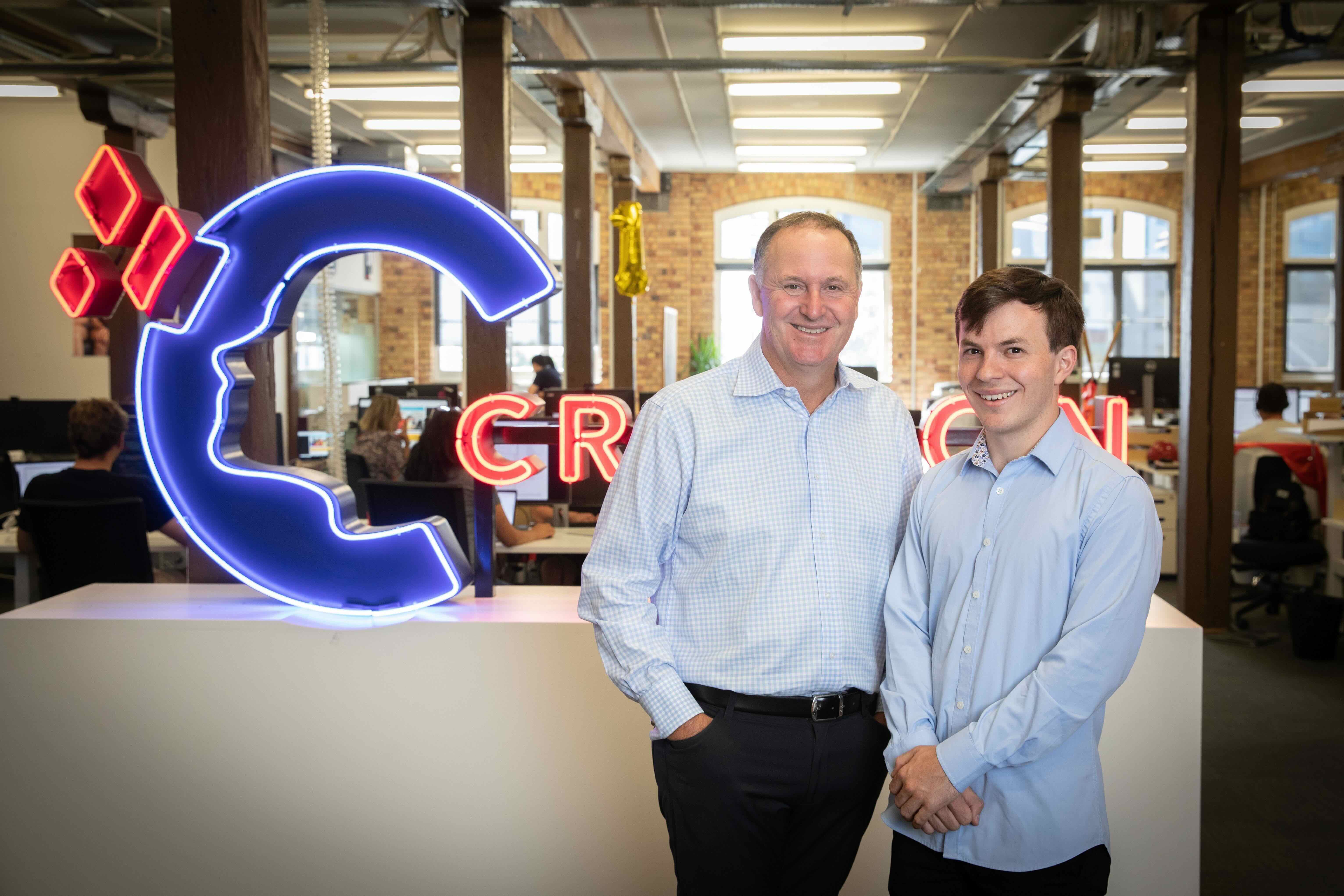 Crimson Education founder Jamie Beaton with advisory board member and minor shareholder Sir John Key, pictured at the edu-tech's Auckland office.