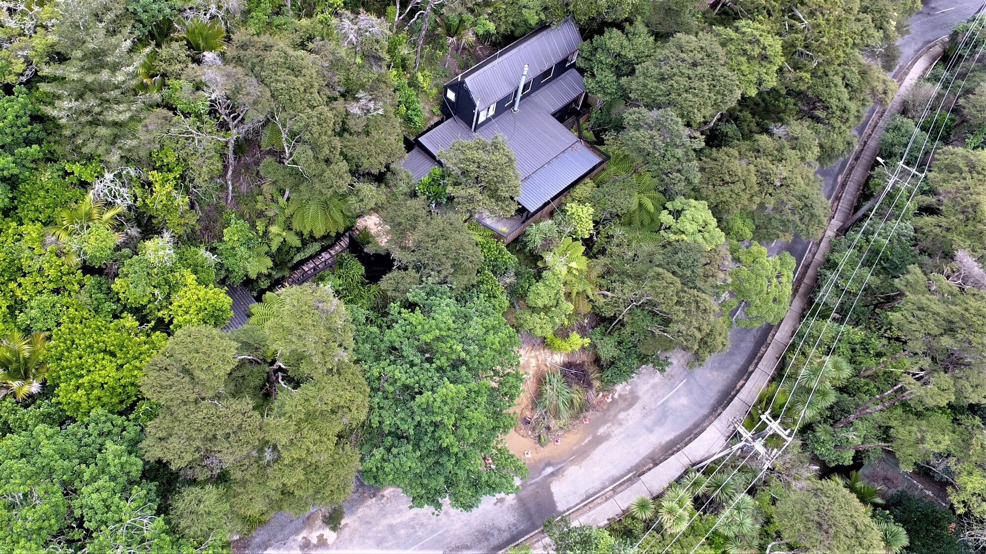 Rachael Feather's Titirangi home on Wood Bay Rd with the slip below her property on road reserve land. Photos / Supplied