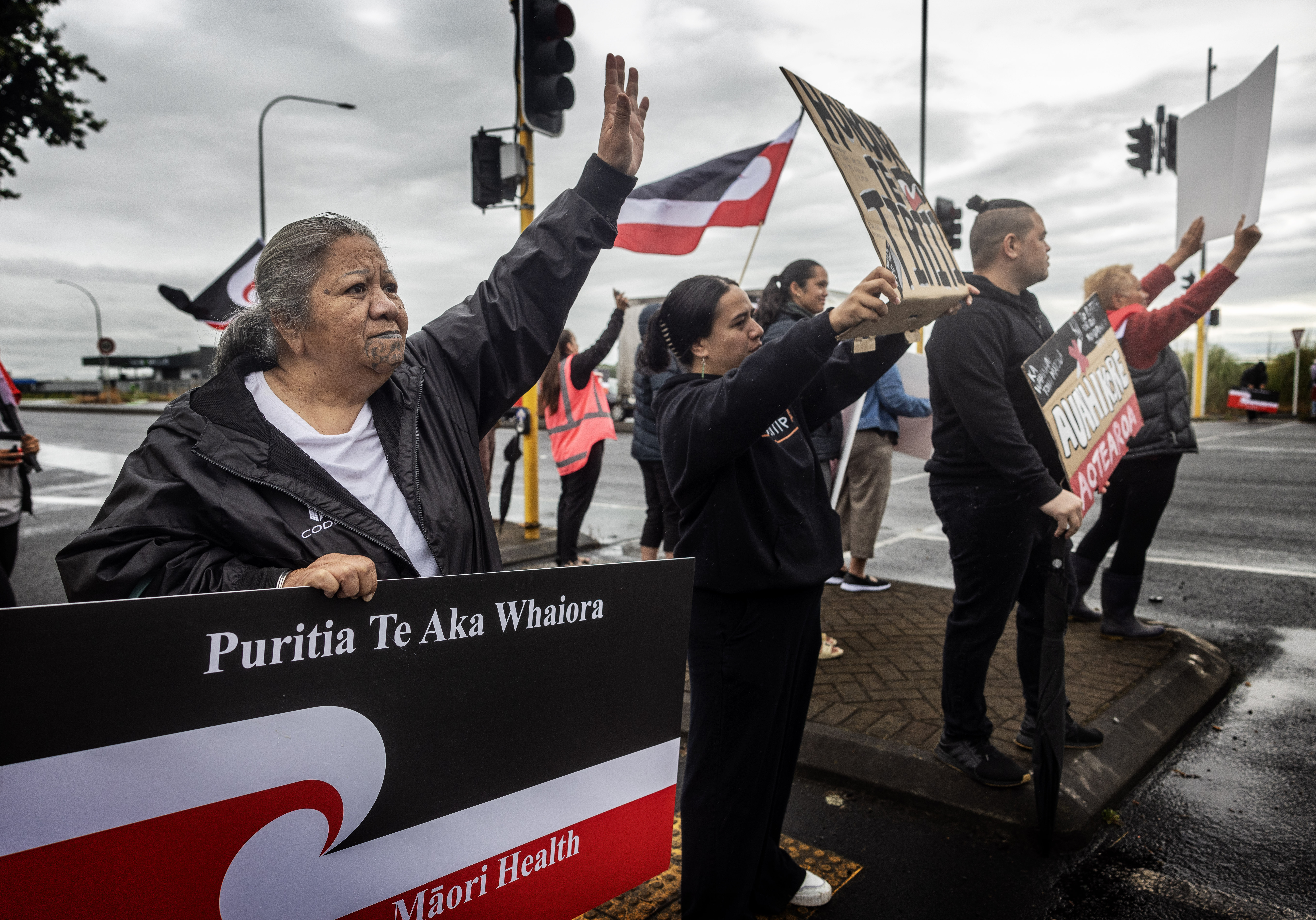 Protesters gathered in Hamilton on Te Rapa Rd outside The Base shopping mall on Tuesday morning. Photo / Mike Scott