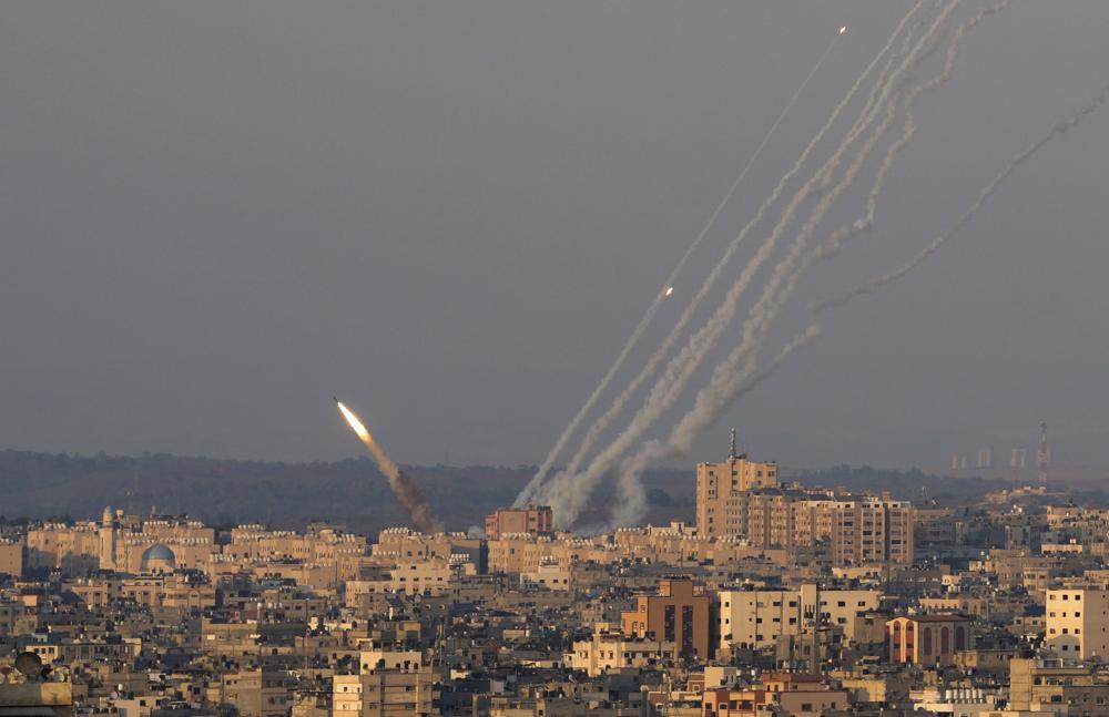 A rocket is launched from the Gaza Strip towards Israel, in Gaza City. Photo / AP