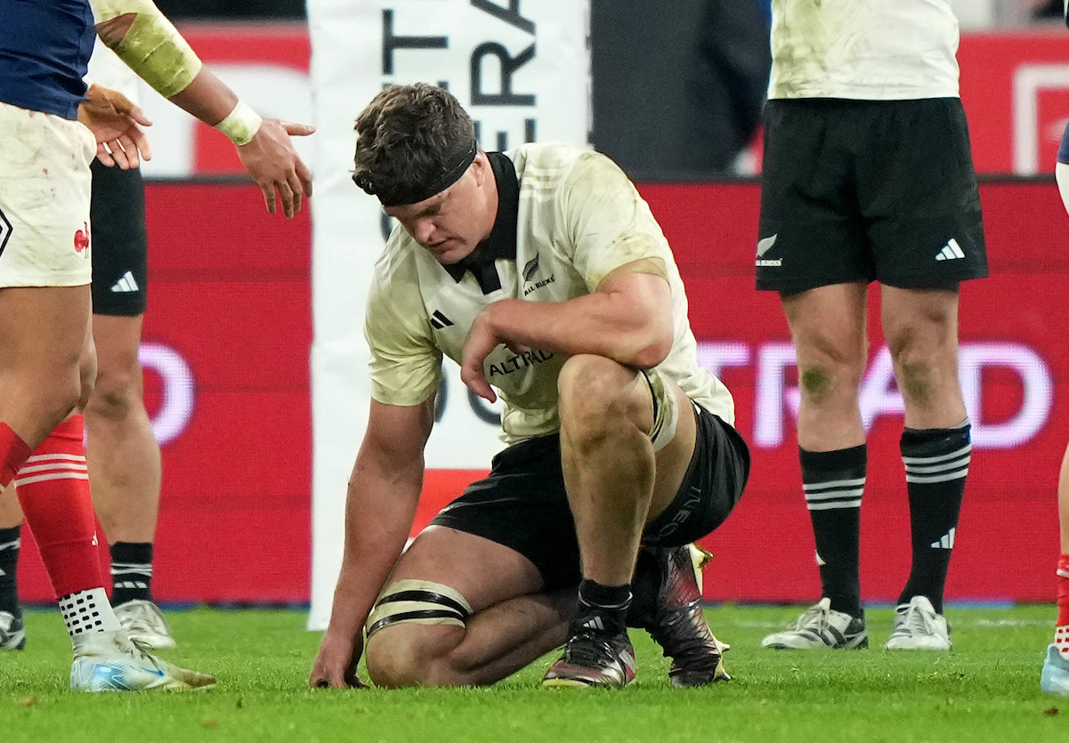 All Blacks skipper Scott Barrett dejected after the defeat to France in Paris. Photo / Photosport