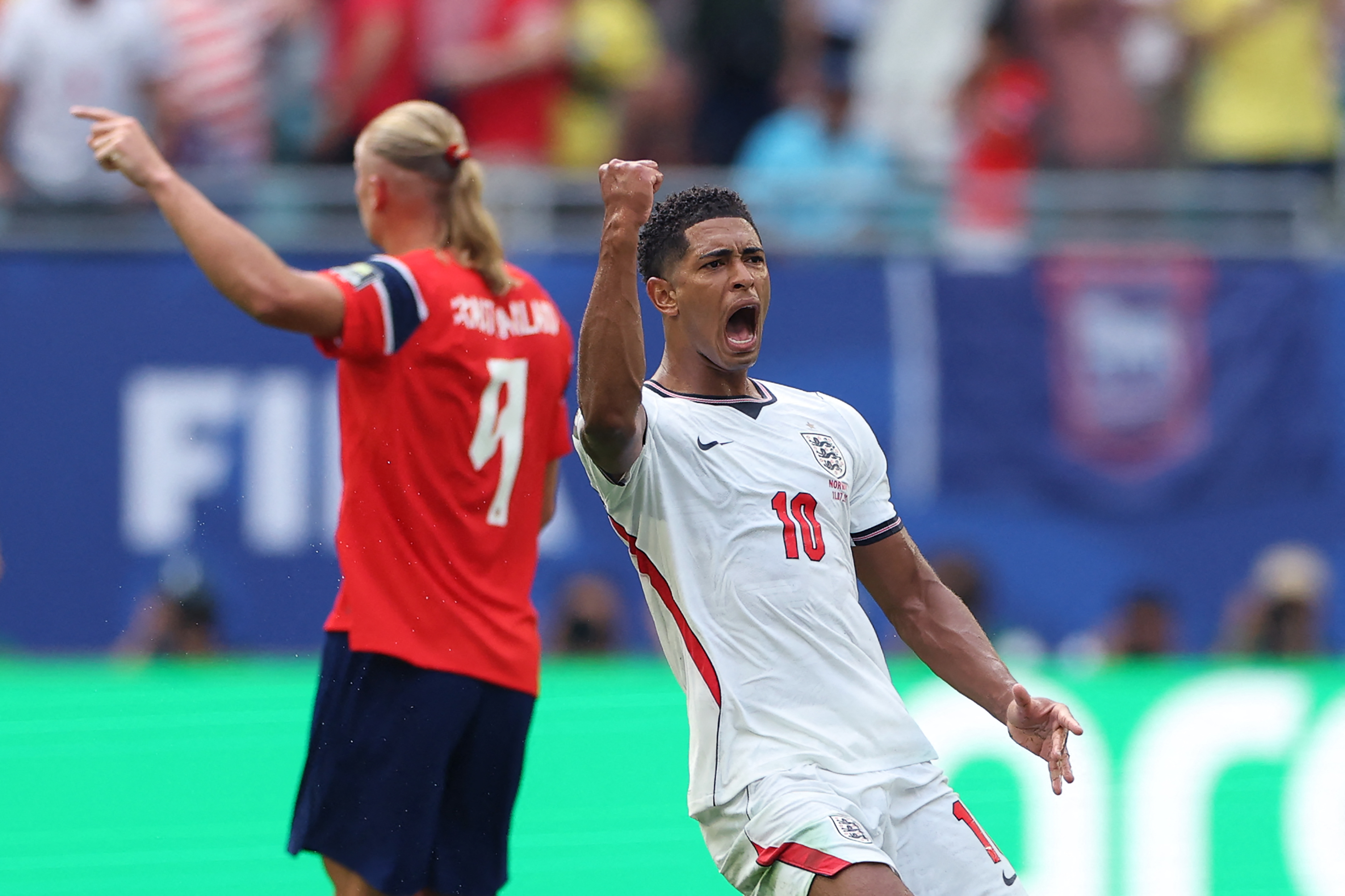 England's midfielder No 10 Jude Bellingham celebrates after scoring the equalising goal during the quarter-final match with Norway at Miami Stadium in the US. Photo / Patricia de Melo Moreira, AFP