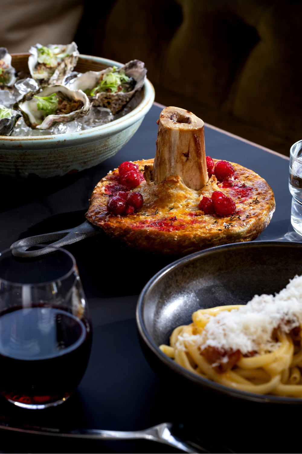 St. Marg's oysters, venison pie and carbonara. Photo / Babiche Martens
