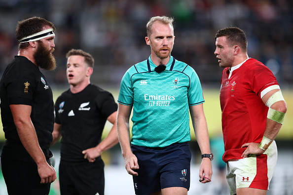 Wayne Barnes during the Rugby World Cup 2019 bronze final between the All Blacks and Wales. Photo  / Getty