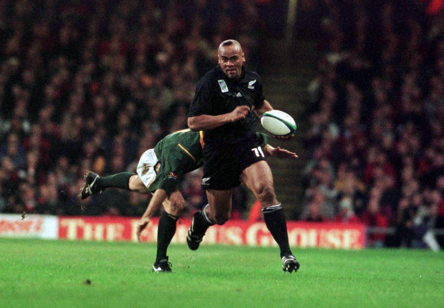 All Black Jonah Lomu in a jersey featuring Adidas branding in 1999. Photo / Getty Images
