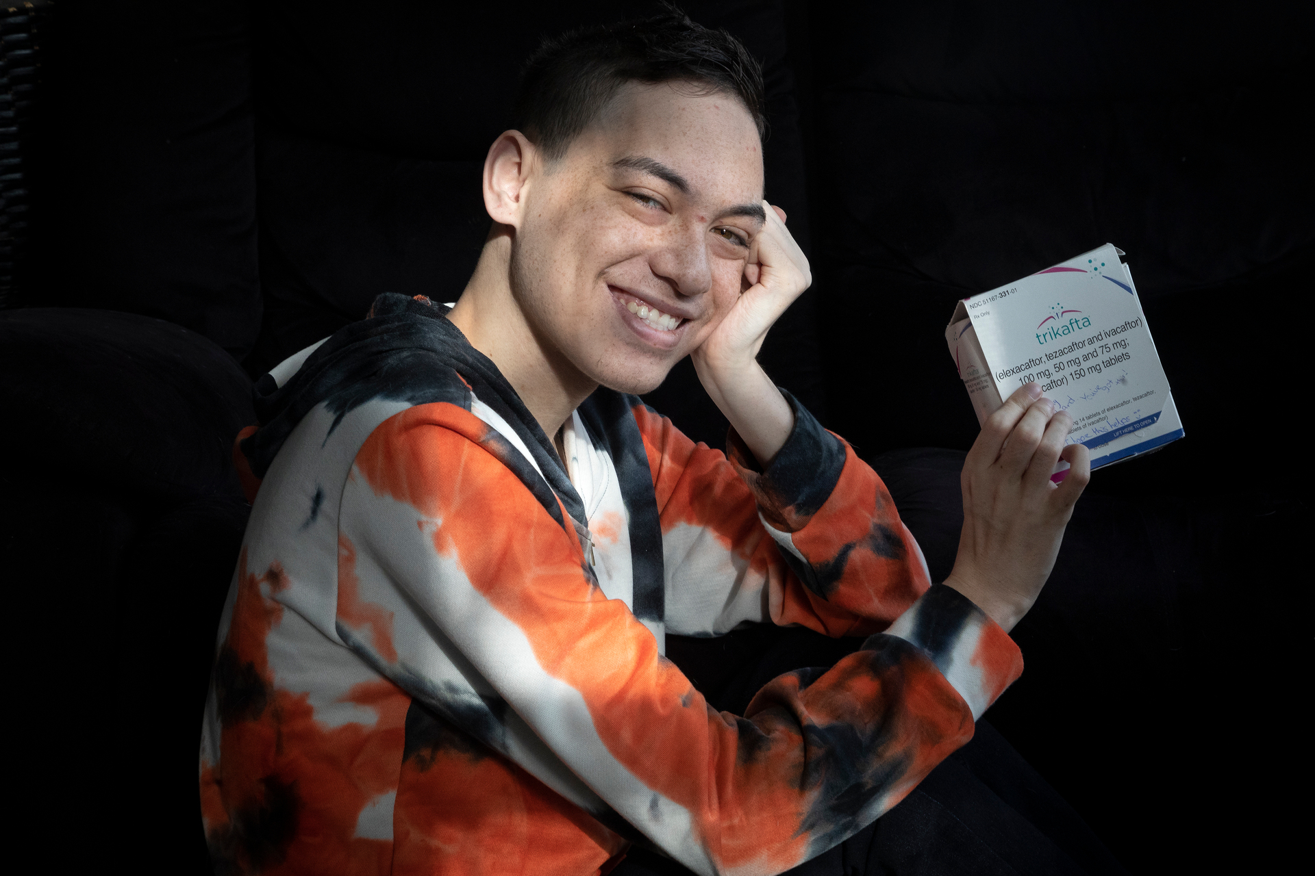 OJ Daniels pictured in May when he received an anonymous delivery of a month's supply of Trikafta. Photo / Andrew Warner