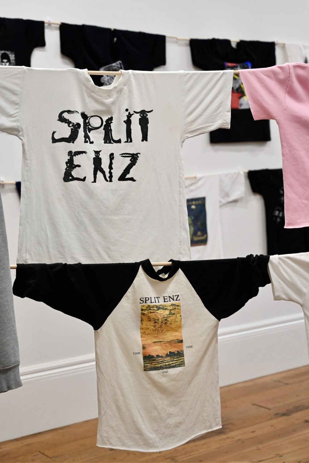 Several historic Split Enz T-shirts were loaned for the pop-up, which is on until Sunday May 5. Photo / Nico Rose