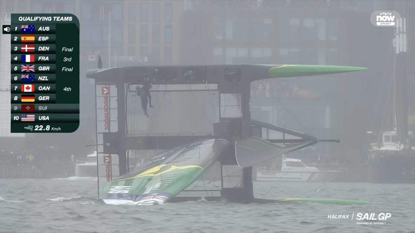 Australia became the second team in as many regattas to capsize at SailGP Halifax. Photo / ThreeNow