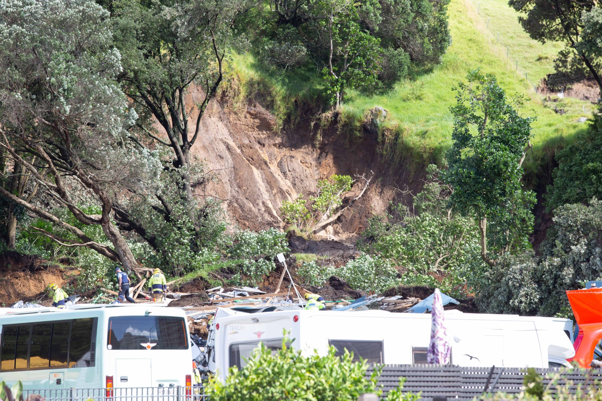 Some of the debris that came down on the Mount Maunganui Beachside Holiday Park following a large landslide. Photo / Cameron Avery