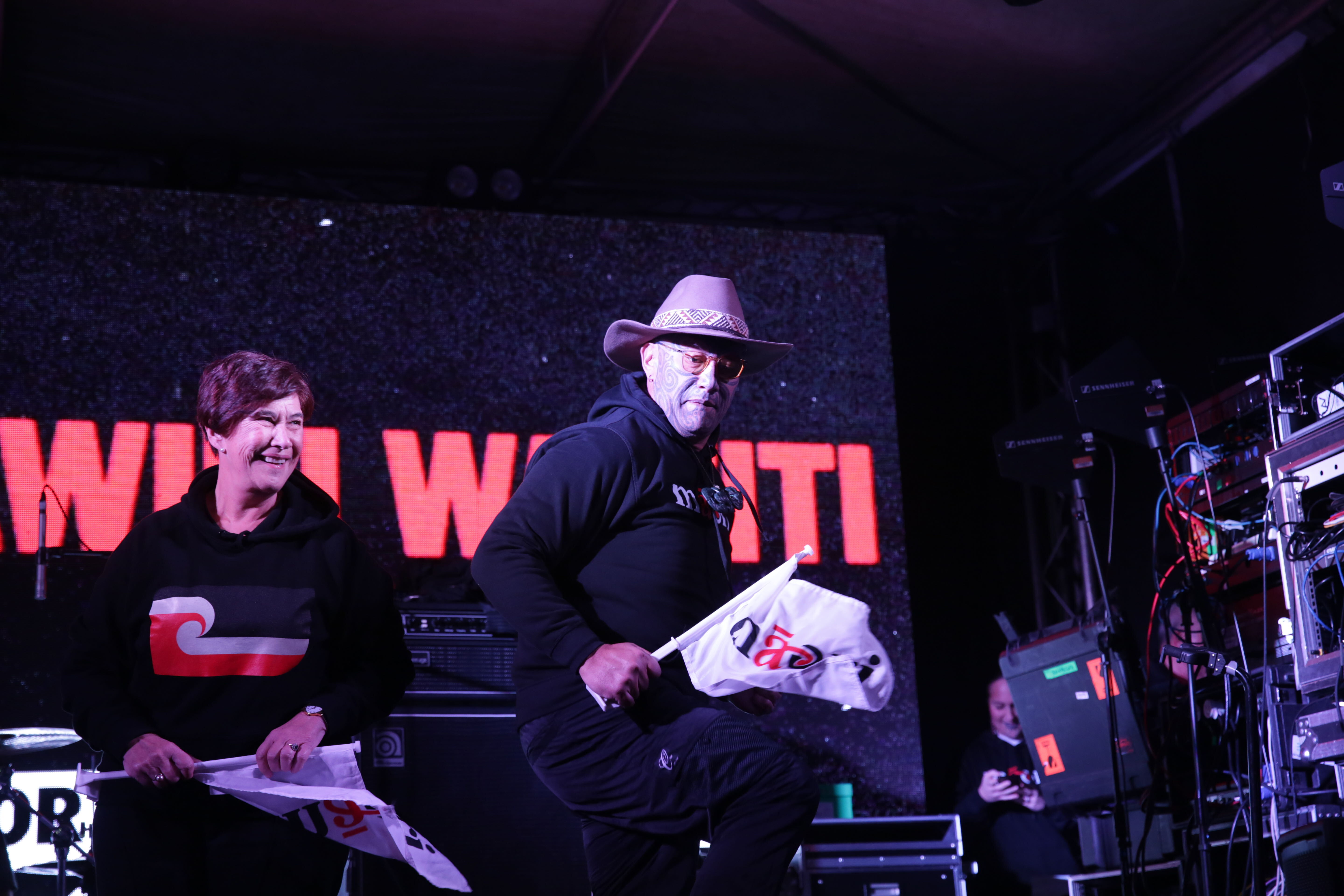 Te Pāti Māori candidate Merepeka Raukawa-Tait and co-leader Rawiri Waititi have a boogie at their 2023 election campaign launch in Henderson, Auckland. Photo / Sylvie Whinray