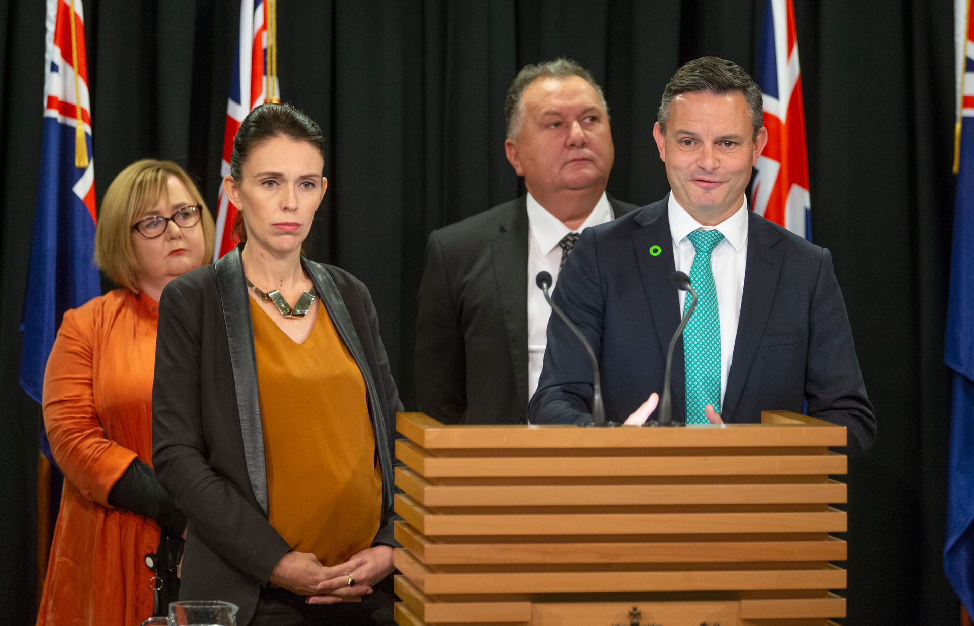 Greens co-leader James Shaw announces end to future oil and gas exploration with PM Jacinda Ardern, Megan Woods, and NZ First's Shane Jones. Photo / Mark Mitchell 