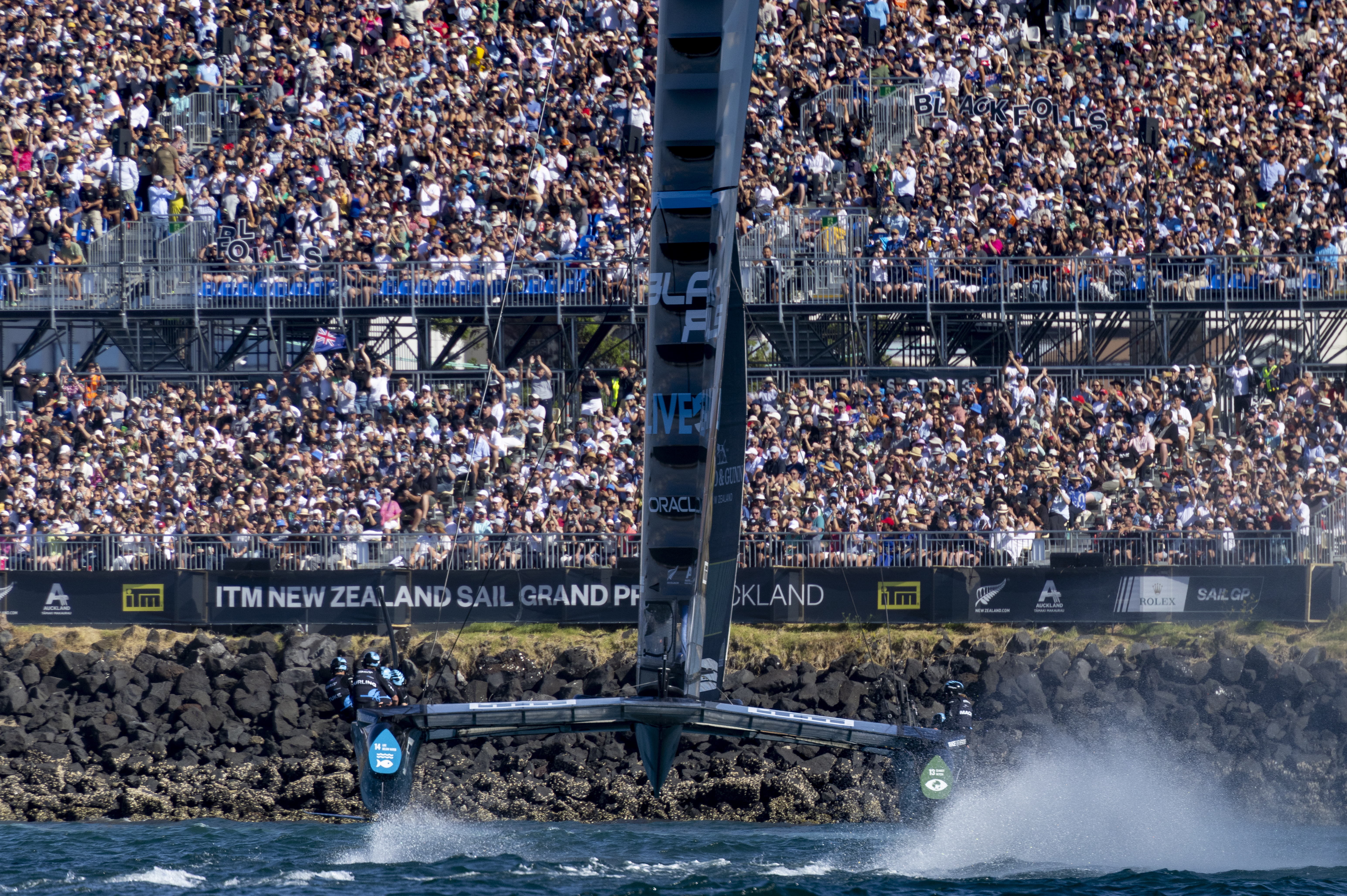 The Black Foils won the final race on day one of SailGP's Auckland debut. Photo / Felix Diemer, SailGP