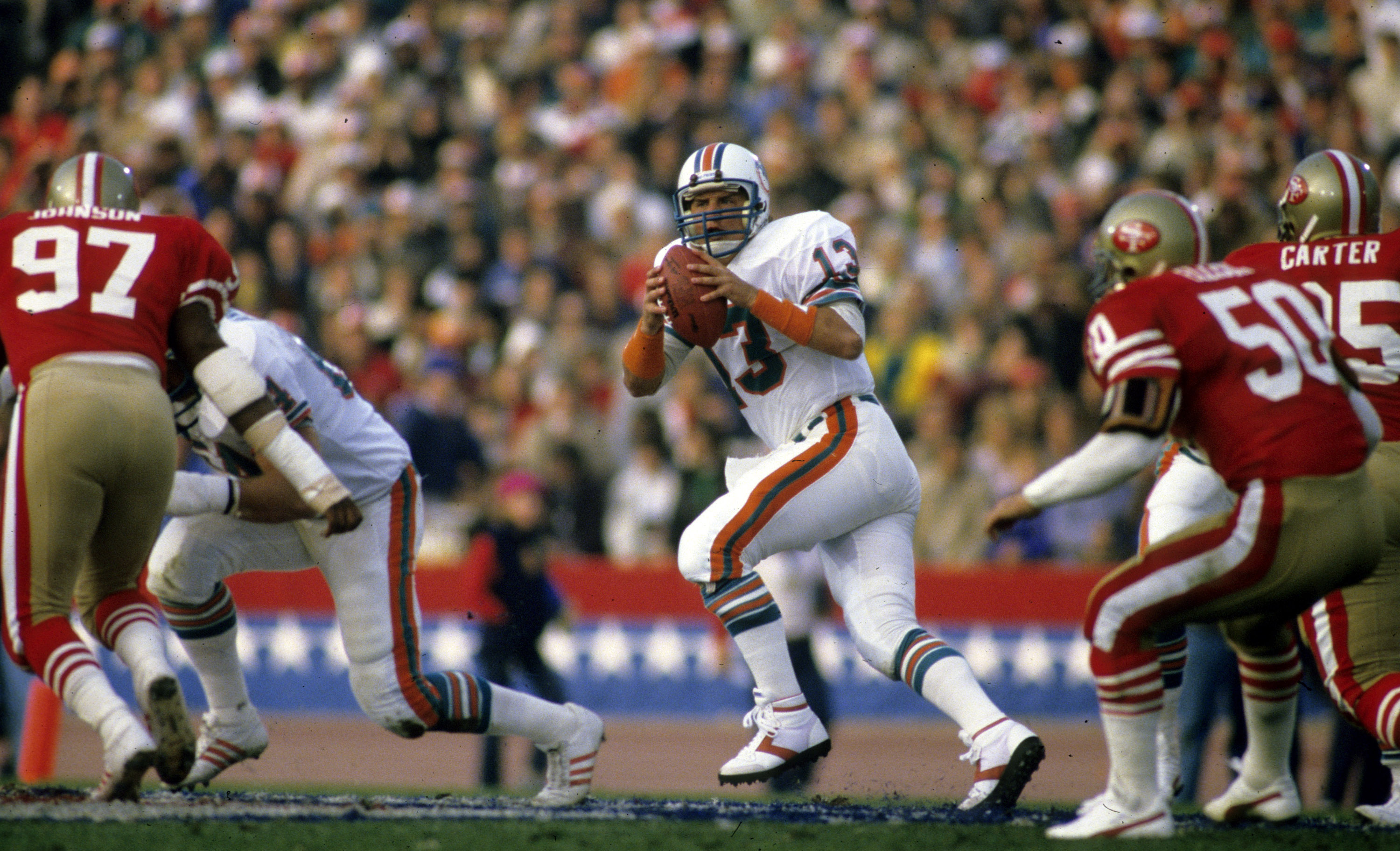 Riki Ellison (50) in action against the Miami Dolphins in Super Bowl XIX. Photo / Getty Images