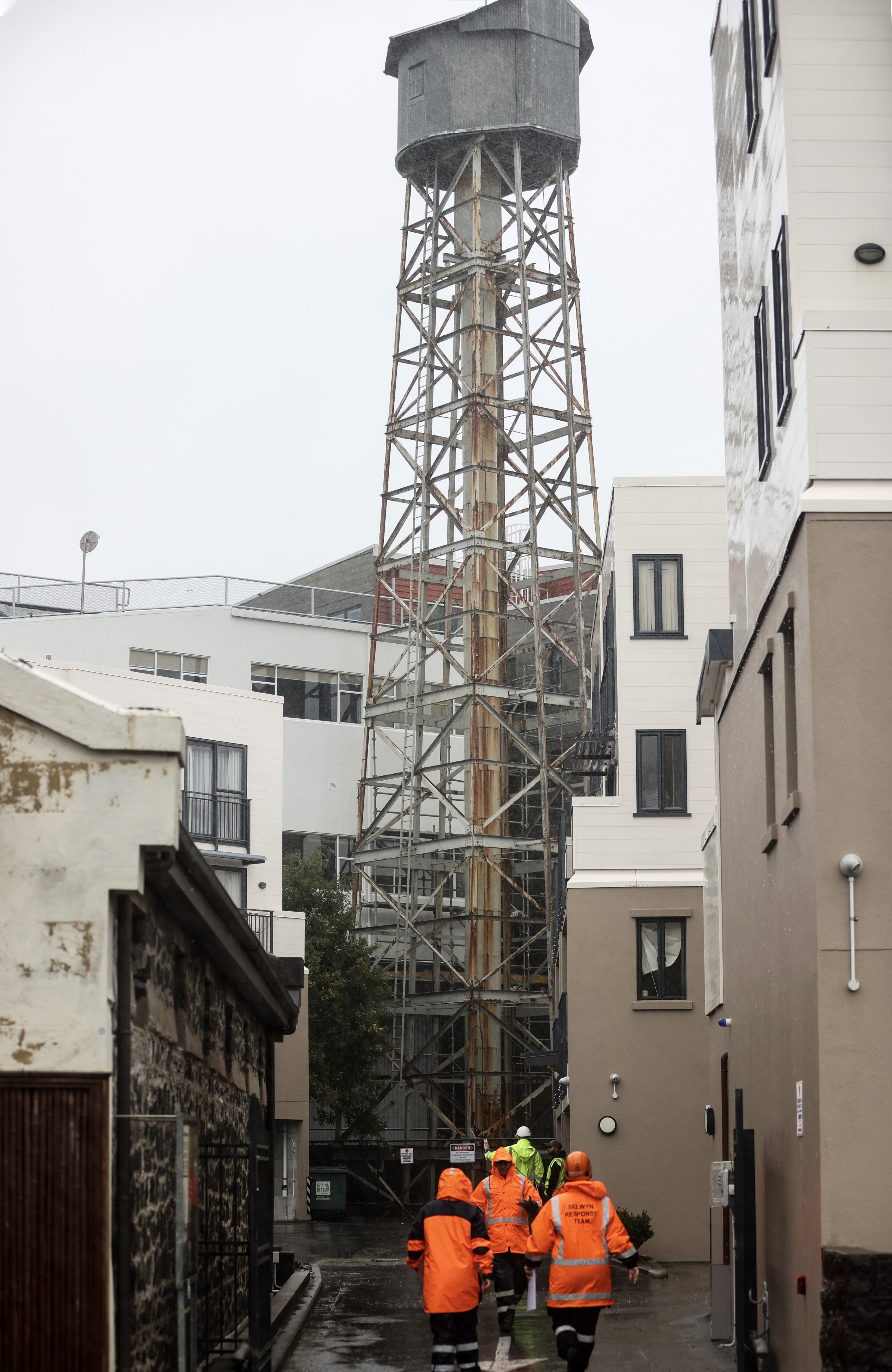 The Shot Tower in vMt Eden is under threat of collapse as extreme weather from Cyclone Gabrielle affects Auckland. Photo / George Heard