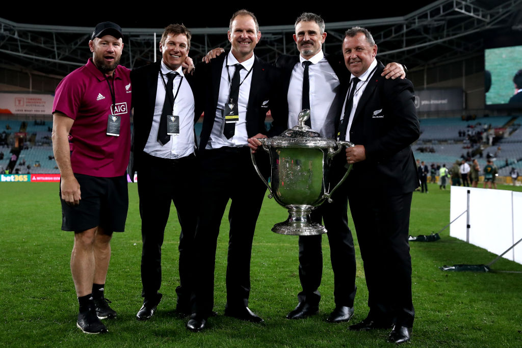 Brad Mooar (second from left) celebrates with fellow All Blacks coaching staff after a win in a 2020 Bledisloe Cup match. Photo / Getty Images