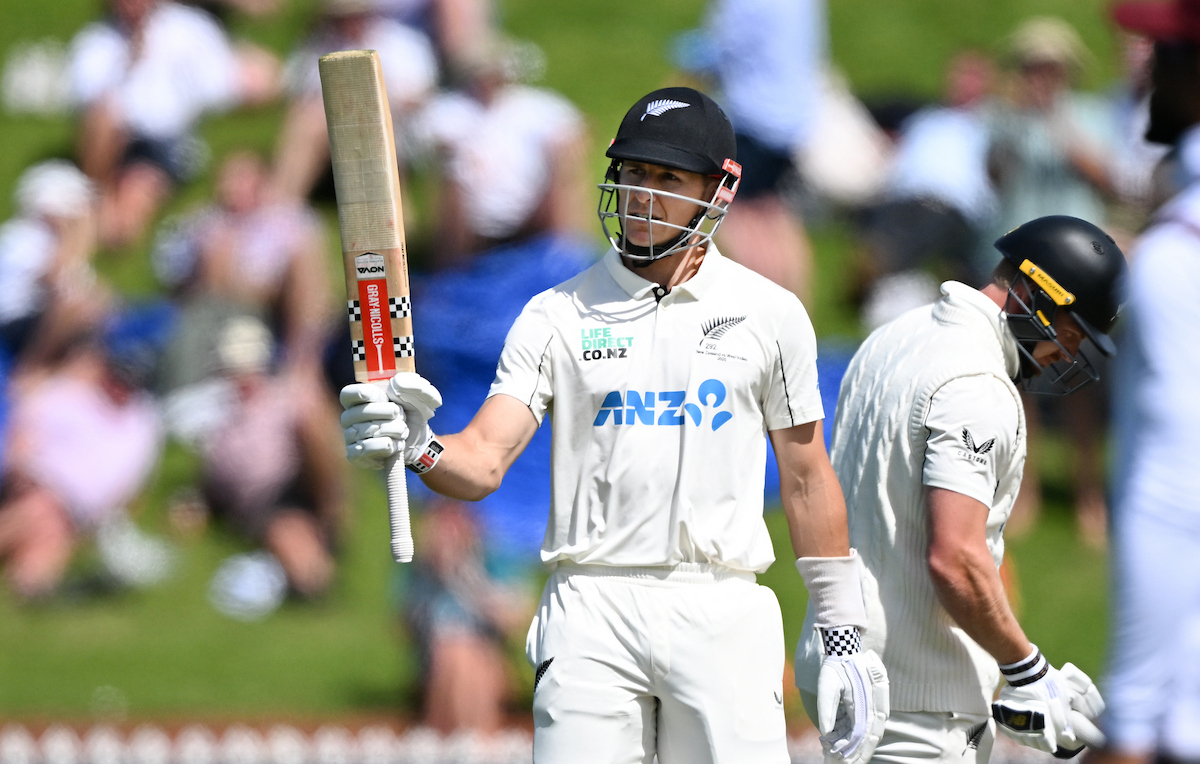 Black Caps wicketkeeper Mitch Hay celebrates his debut half-century against the West Indies. Photo / Photosport
