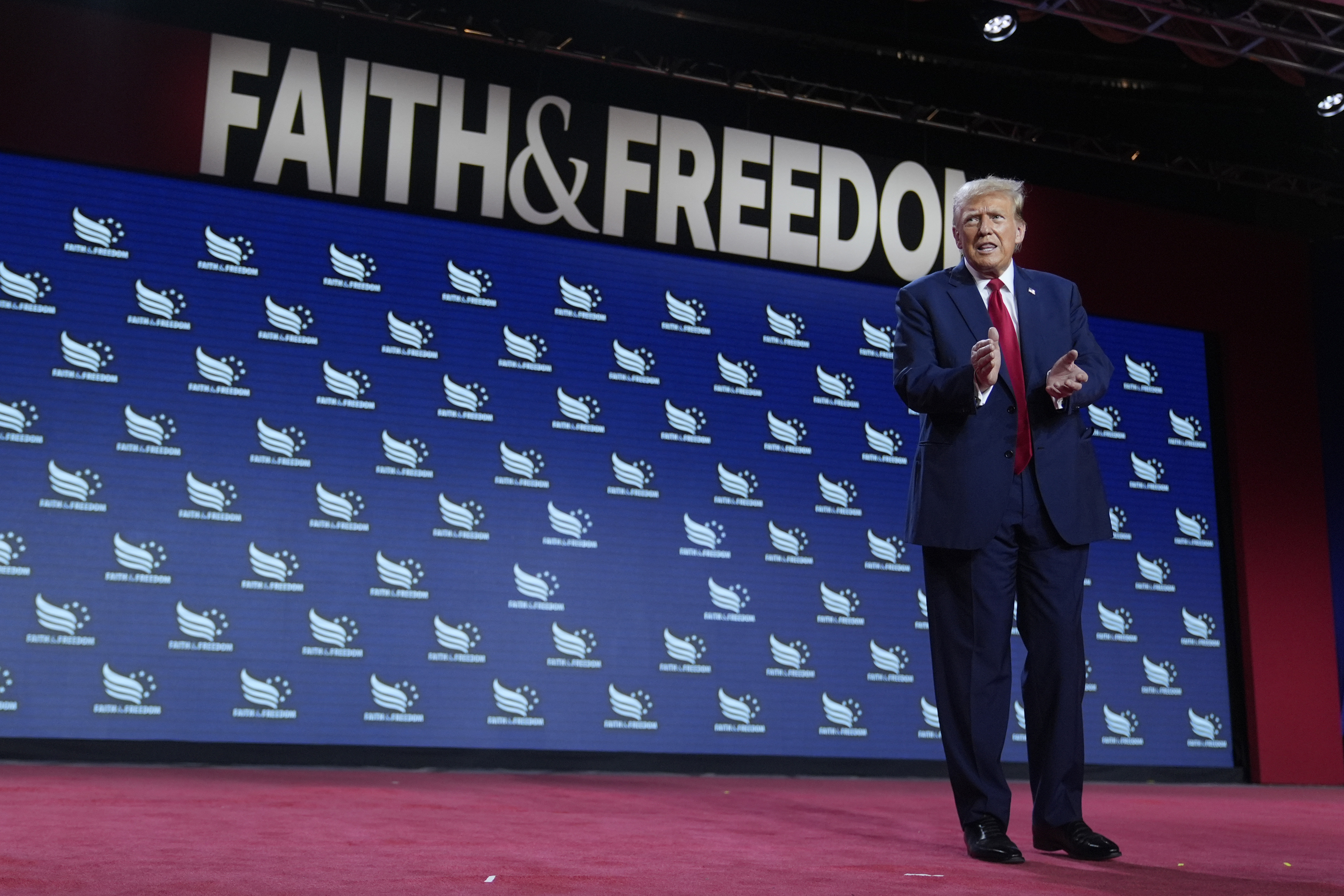 Republican presidential candidate former President Donald Trump walks off stage after speaking at the Road to Majority conference in Washington on June 22. (AP Photo/Manuel Balce Ceneta)