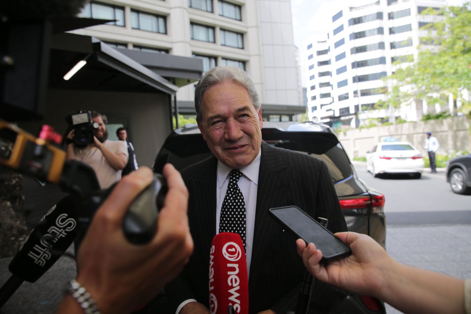 Winston Peters arrives at the Cordis Hotel in Auckland ahead of coalition talks with Christopher Luxon and David Seymour. Photo / Sylvie Whinray