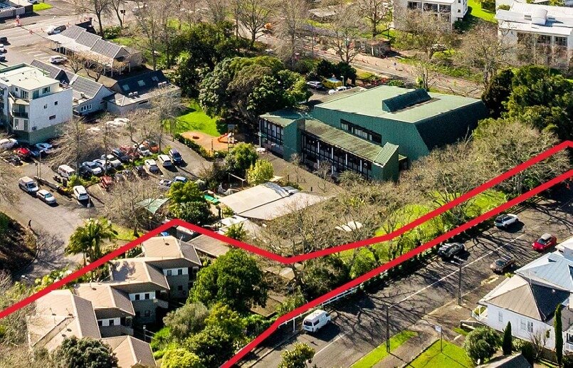  In 2023, this is how the Freemans Bay site looked. A developer plans to replace the townhouses (bottom left) with the nine-level The Kubrick. Photo / Ockham Residential