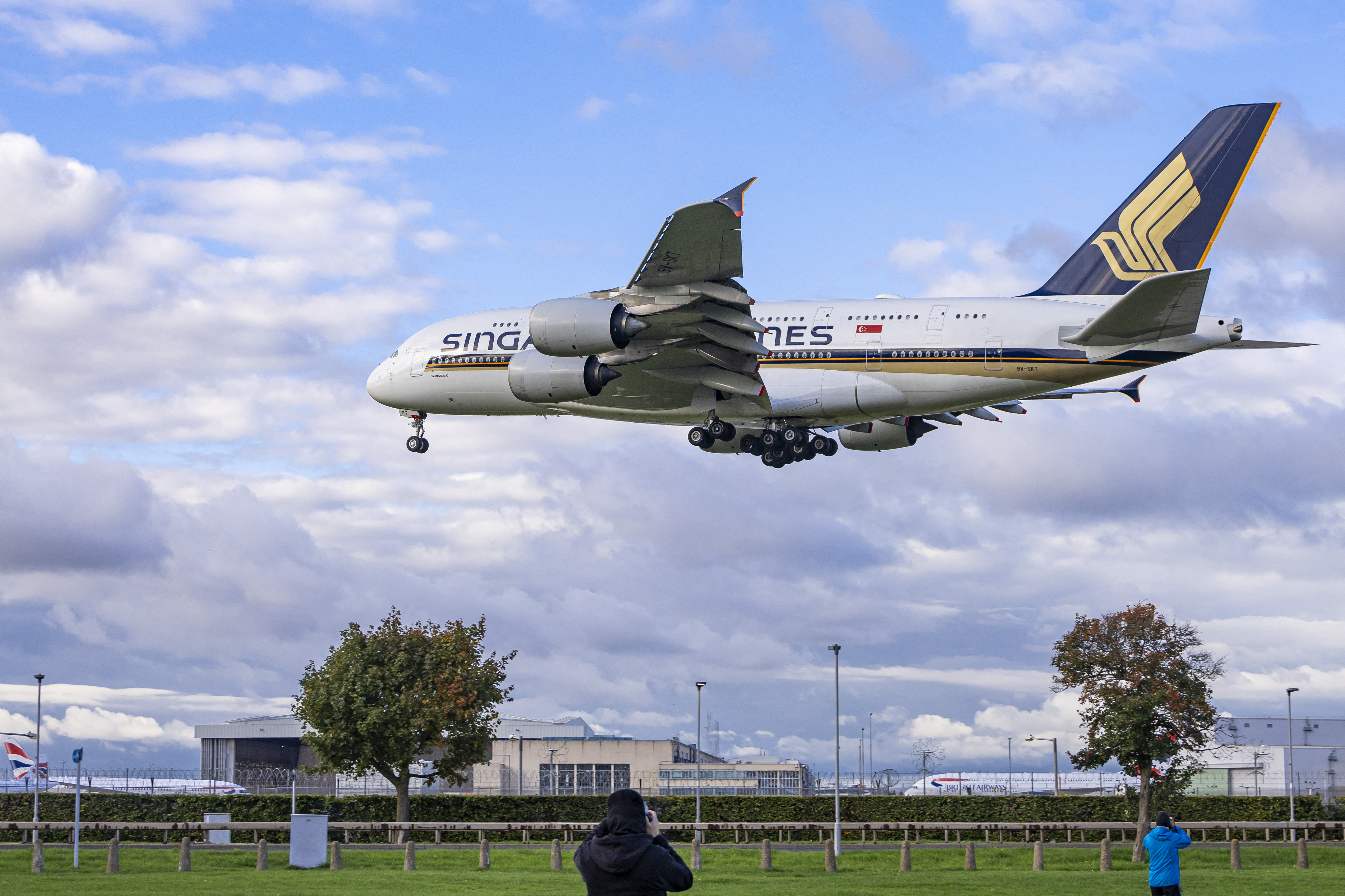 A Singapore Airlines Airbus A380 double-decker passenger aircraft flying above London before landing at Heathrow Airport. Photo / AFP