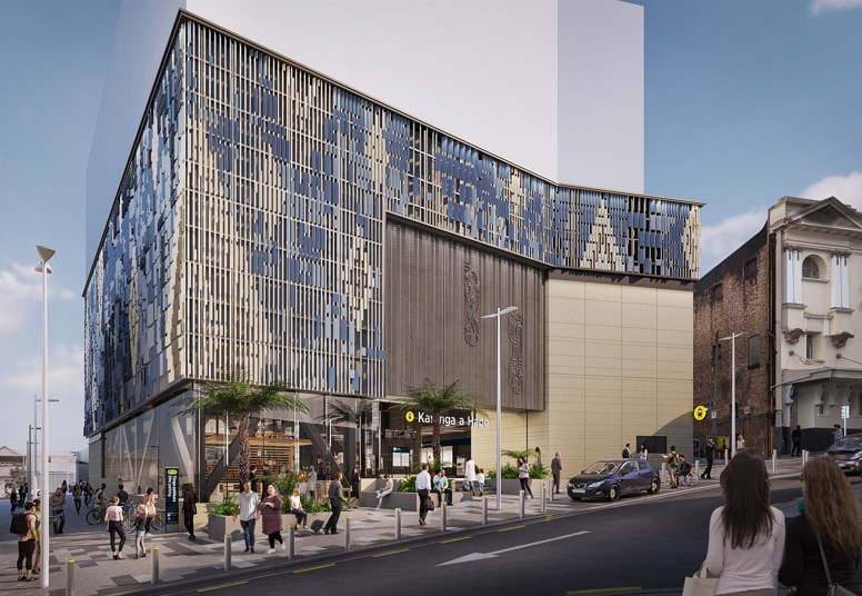 Artist's impression of the Karanga-a-Hape Station on Mercury Lane, soon to be completed. This image assumes the street will carry traffic down the hill, but it will go the other way. It also seems to assume cars will park on the pedestrian area, but that seems unlikely.
