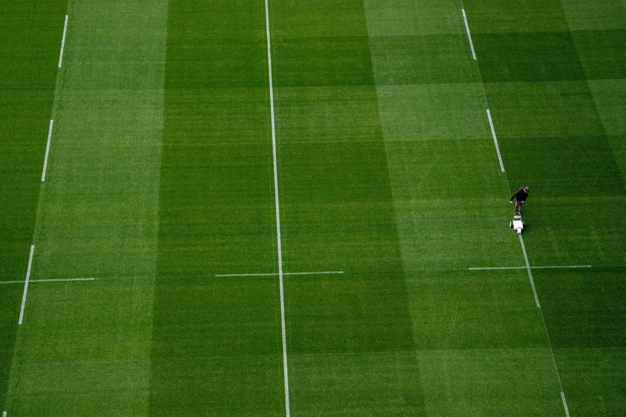 Remarking the lines at One NZ Stadium in Christchurch before a training run for the Crusaders. Photo / Alyse Wright 