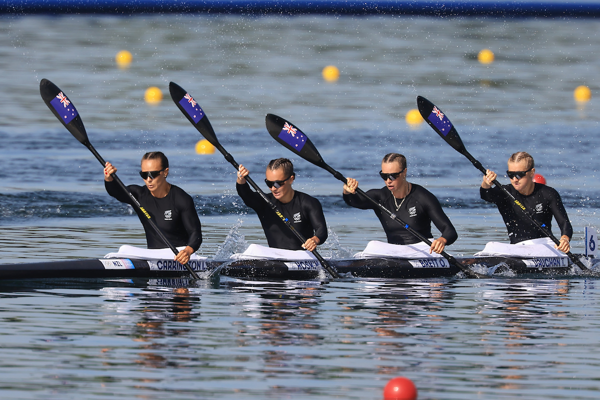 New Zealand women's Kayak Four - Olivia Brett, Lisa Carrington, Alicia Hoskin and Tara Vaughan in their heat at the canoe sprint at Vaires-sur-Marne Nautical Stadium on August 6. Photo / Iain McGregor
