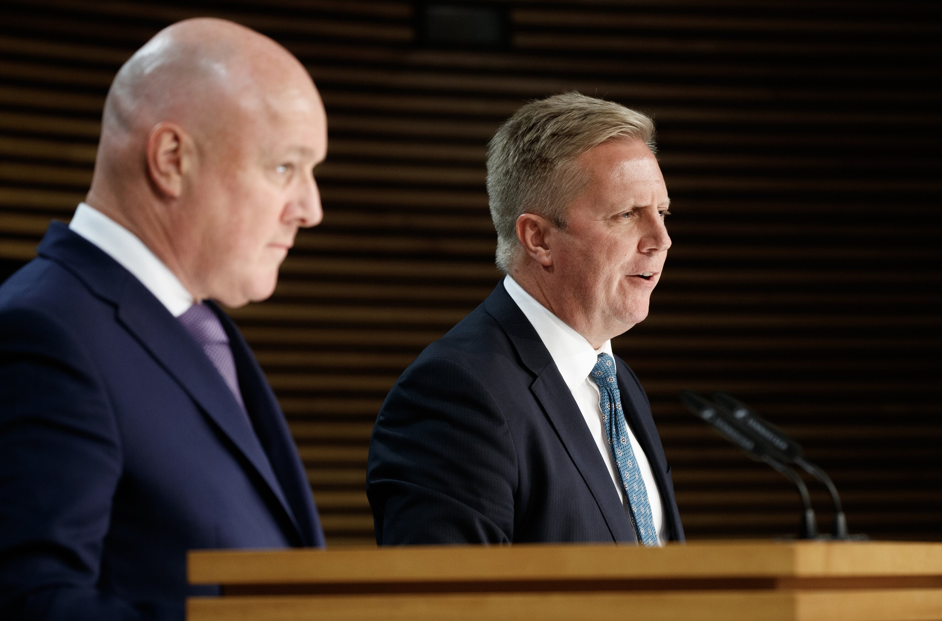 Trade Minister Todd McClay (right) and Prime Minister Christopher Luxon at a post-Cabinet press conference at the Beehive. Photo / Mark Mitchell
