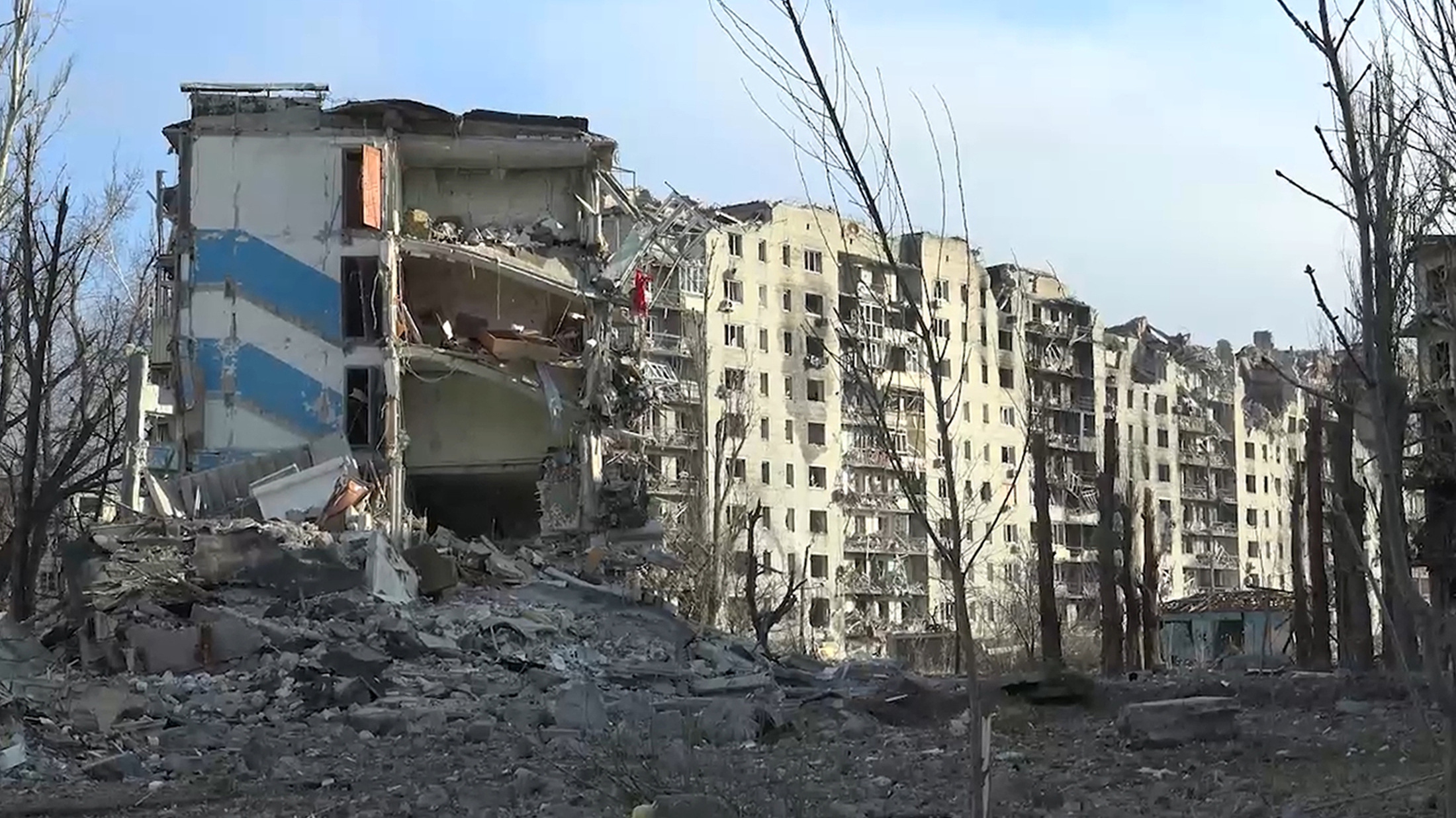 This photo, taken from video released by the head of the Russian-controlled Donetsk region, shows damaged buildings after Russian forces completed their takeover of Avdiivka, eastern Ukraine. Photo / AP