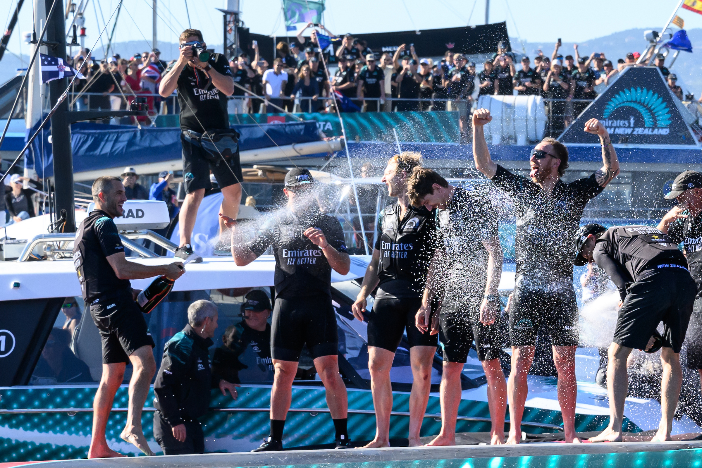 Emirates Team New Zealand celebrate winning the 37th America's Cup event. Photo / Ricardo Pinto, America's Cup