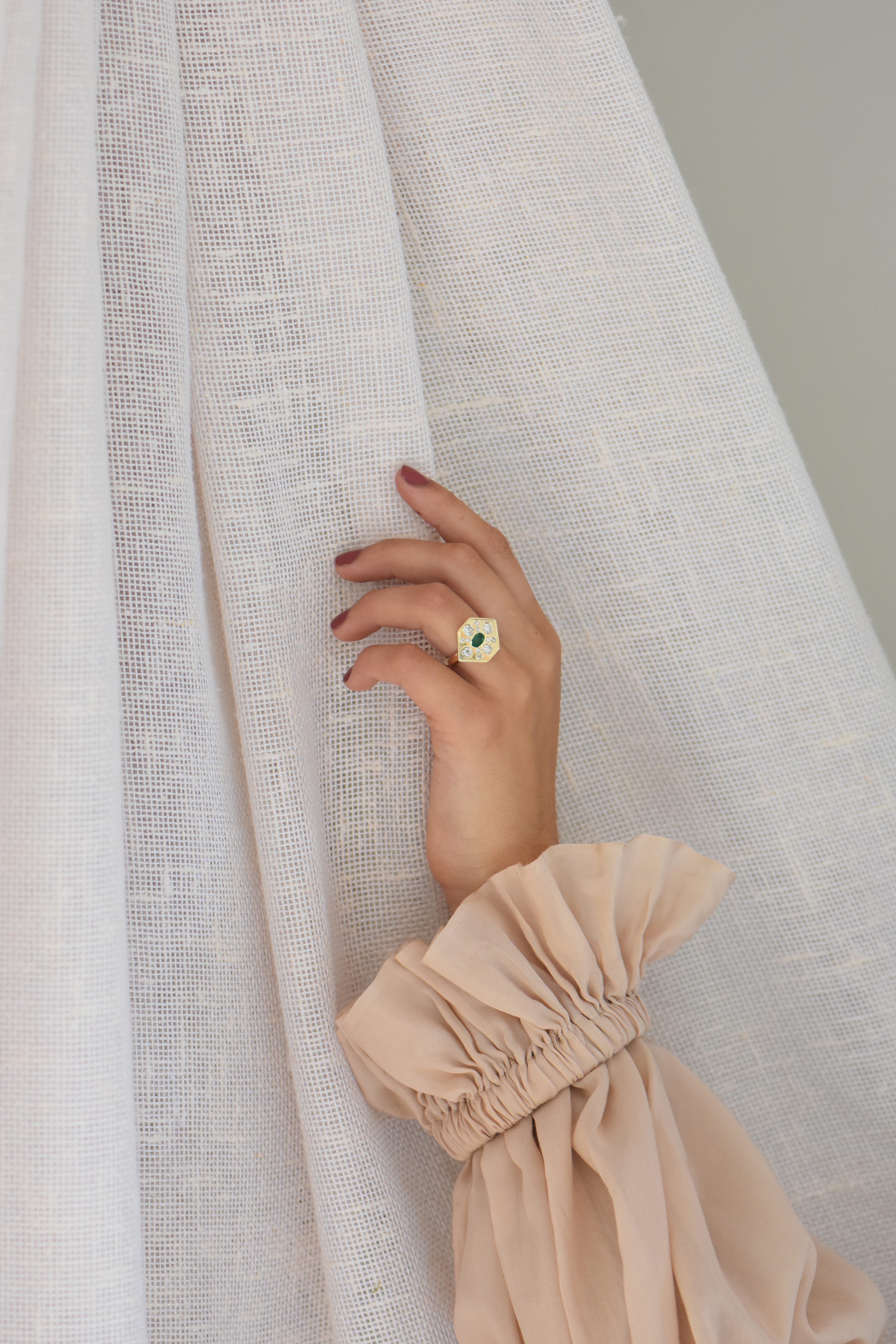 Charlotte Penman ‘Abby’ celebration ring with recycled emerald and diamonds. Photo / Supplied