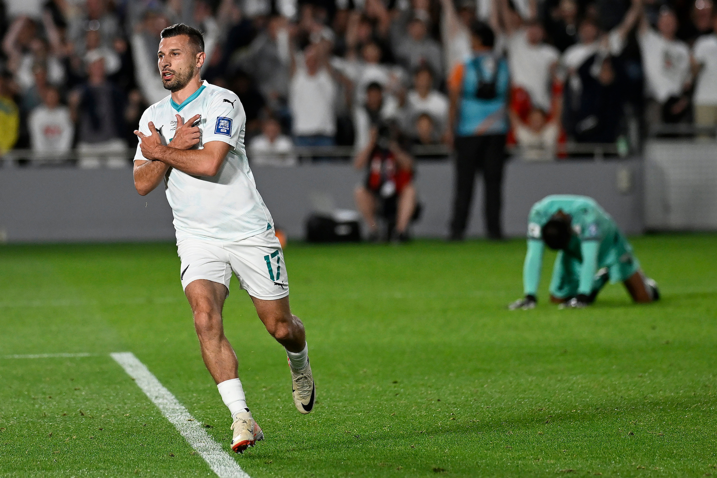 New Zealand's Kosta Barbarouses celebrates after scoring the second goal, against New Caledonia at Eden Park. Photo /  Photosport