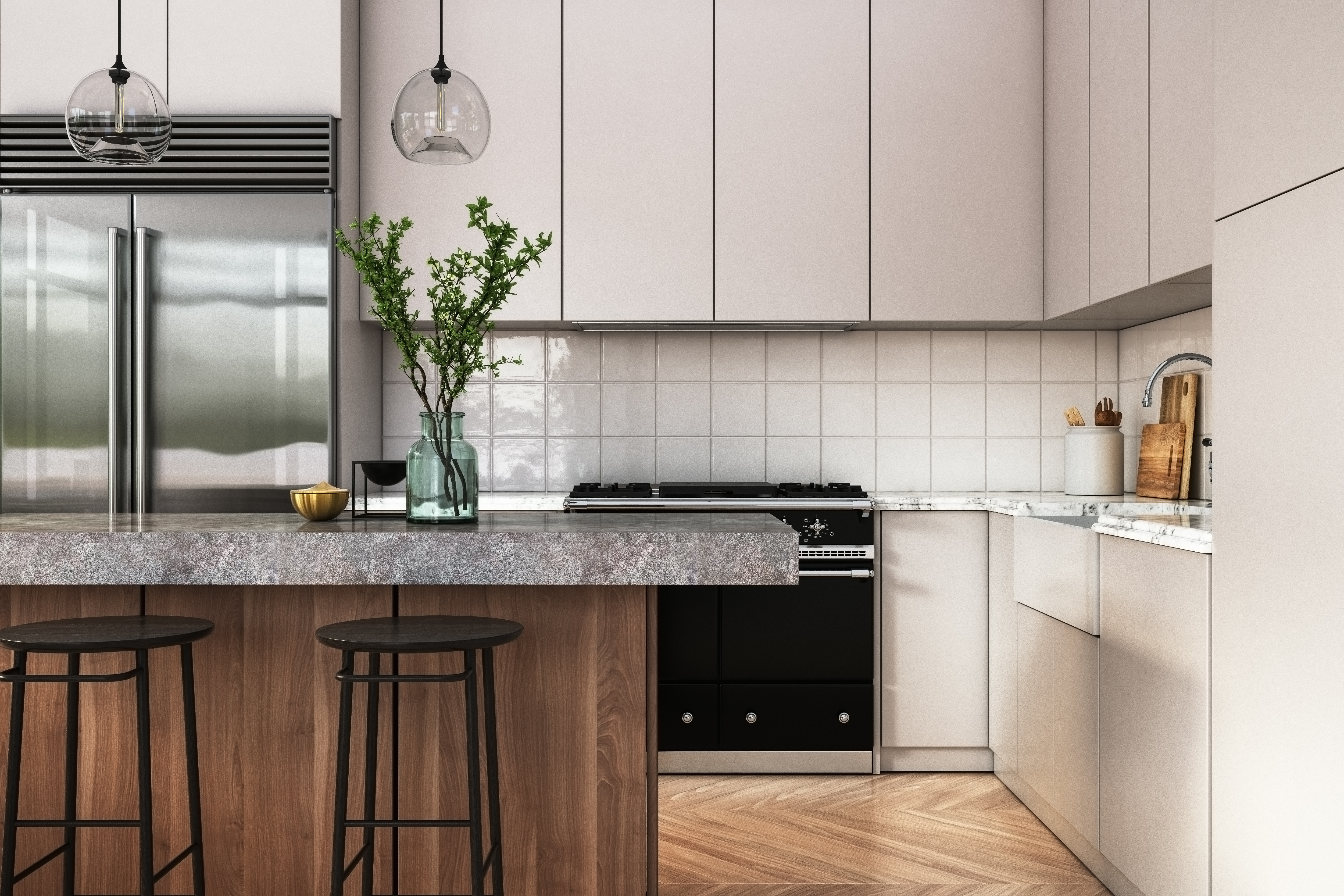 Wall tiles and an island are practical additions to this kitchen. Photo / Getty Images