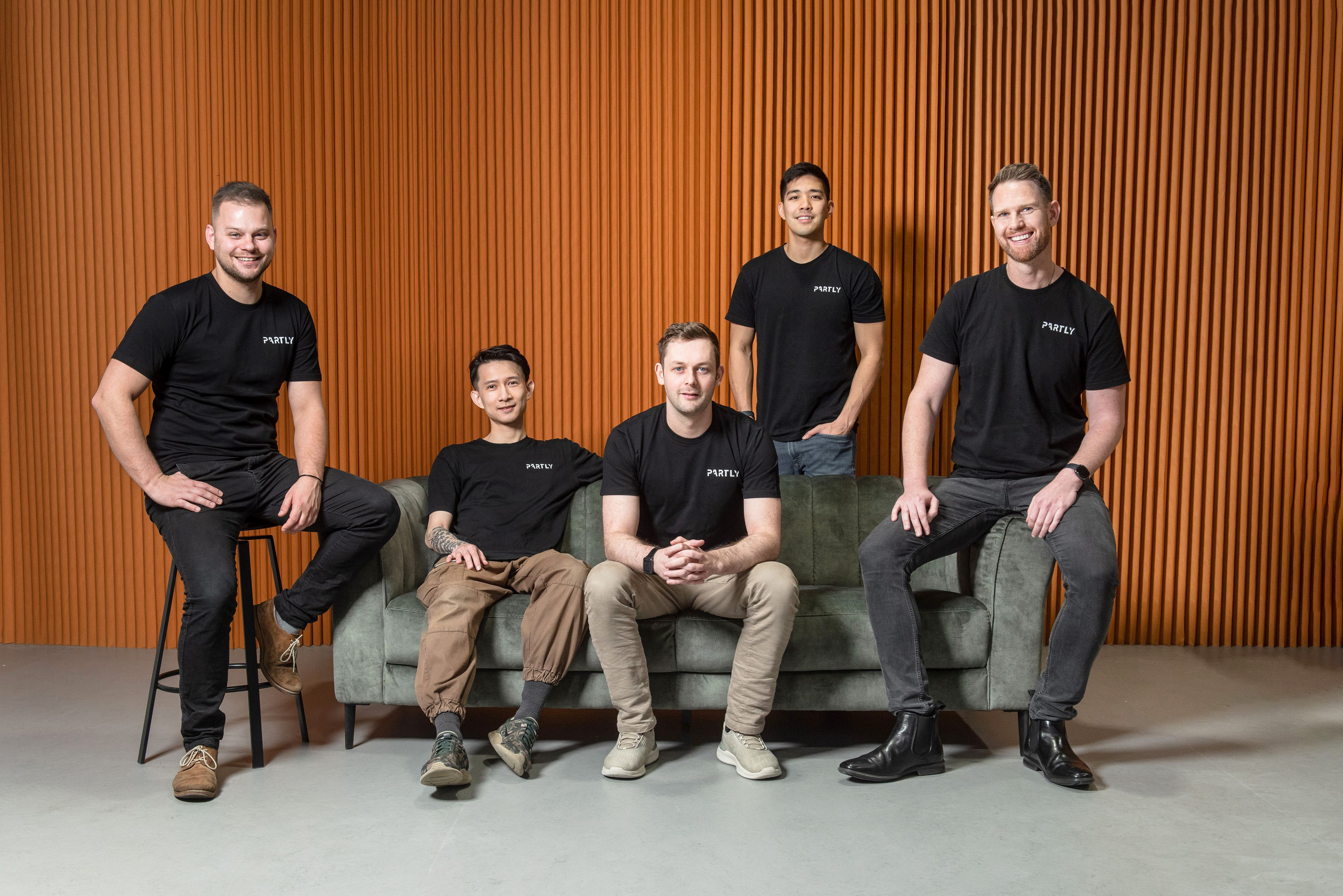 Partly co-founders (from left) Nathan Taylor, Evan Jia, Levi Fawcett, Mark Song and Tony Austin.