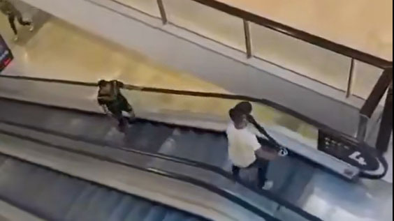 One brave person was shown using an object - believed to be a bollard - to confront the knife-wielding attacker on an escalator inside the mall. Photo from video still, Trilli MCap