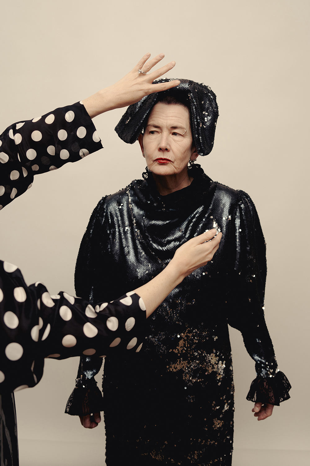 Vanessa Place, a poet and lawyer in her 50s, tries on clothes for Batsheva’s Fashion Week runway show, in New York. Photo / Amir Hamja, The New York Times