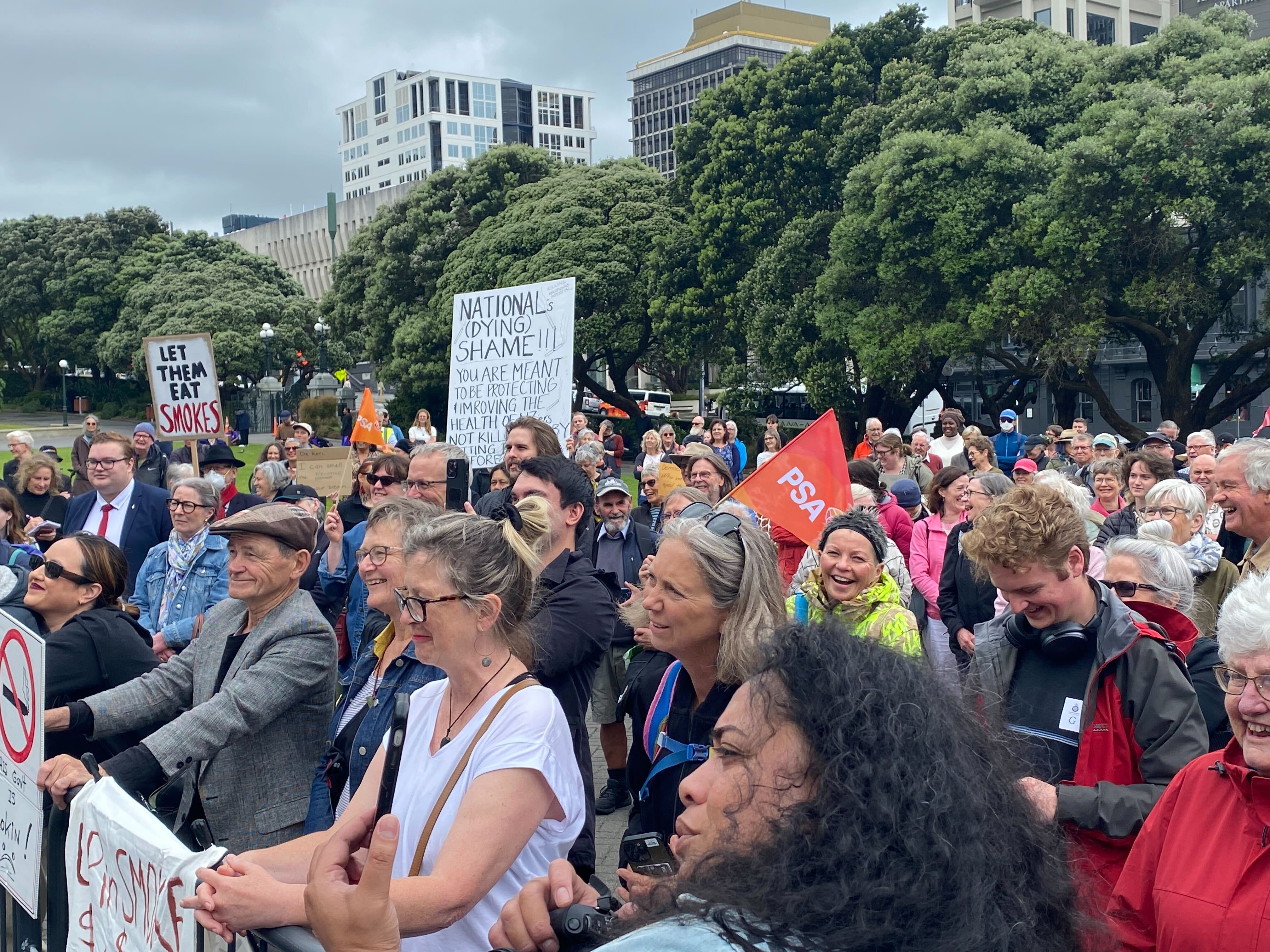 Hundreds gather outside the Beehive to protest Govt's move to repeal smokefree legislation. Photo / Azaria Howell